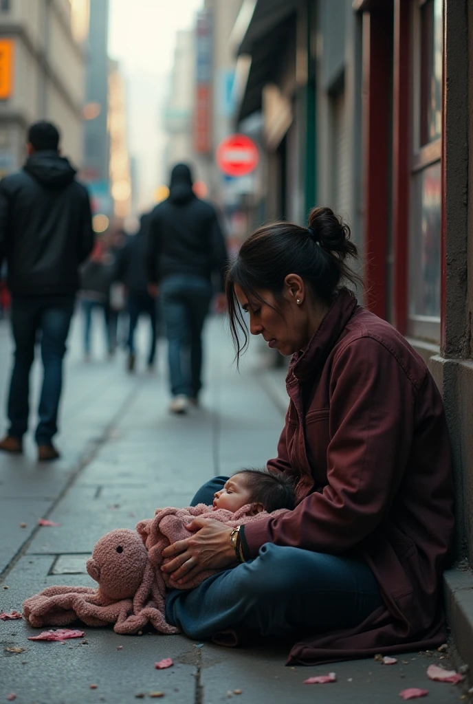 (((a poor woman sitting on the floor with a baby on her lap))), roupas sujas, filho da pobreza, miserable, man standing beside, sofrimento, sentada, sarjeta, dirty water, A dirty child, despojados de dignidade, on the margins of society, insalubre, (((um beco imundo))), latas de lixo, pedindo esmola, mulher sentada, (misery in real life), (landscape with a pale gray sun), luzes evidenciam a mulher, beco com latas de lixo, gray sky, luzes com vapores, miasmas, espectros, foco na mulher e no bebe, ambiente cheio de vapores