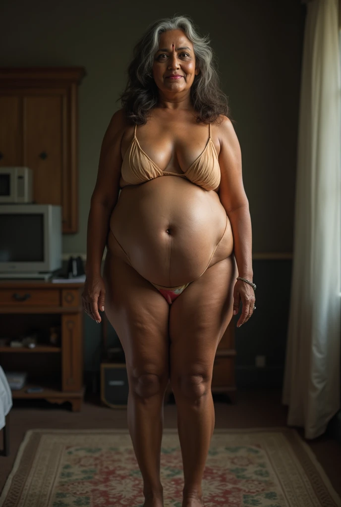 An elderly woman aged 65, with an easy, suffering expression and strong features, with an obese body weighing 65 kilos, 167 centimeters tall, thick legs and very large, saggy breasts, with a vagina with gray hair, with long black hair. She is completely naked, wearing prescription glasses, one and flip flops. She is seen in full body standing in front of a bed in a humble room at night with the lighting dimmed.