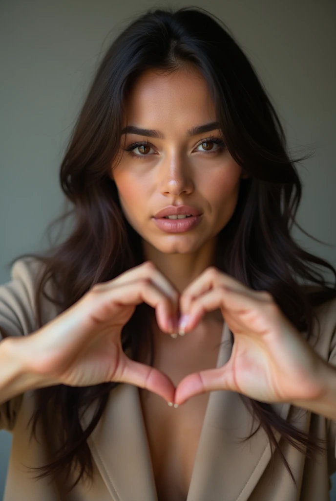 (masterpiece, UHD. Raw. Photorealistic.) extreme Close-up of a hands, an ultra hot gorgeous European woman.age 23. Epic cleavage. (100 E SIZE). Smiling, smirking.sensual pose.jaw-dropping beauty, perfect proportions, voluptuous body (Close-up of a hands making a heart shape in front of the chest:1.7), exact hands, correct hands, wearing  a random color micro bikini. Early morning light.