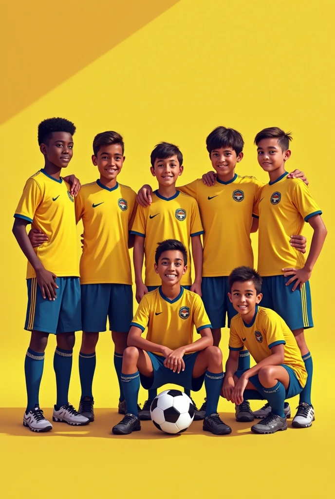 



"on a soccer field, three boys have their backs to the camera, watching the game. the newest, ALVES, , have curly hair , with brown color and amber-green eyes. He's on the left. Beside him, are Jonathan and Lemes, both 16 years oldght hair. They wear colorful t-shirts and sports shorts. The green grass is under their feet and the clear blue sky is above them, creating the perfect setting for an afternoon of football.
!