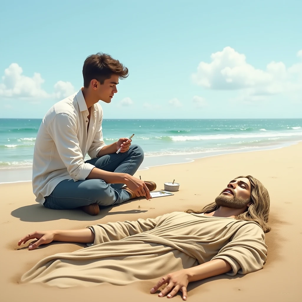 Jesus on the beach with broken boat lesson in the disciples, Foto realista, homem bonito