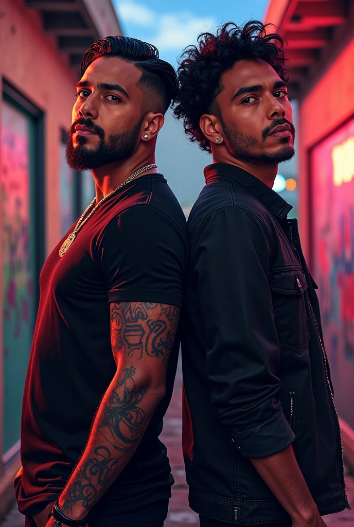 2 BEAUTIFUL BLACK MEN AROUND 40 YEARS OLD SHIRTLESS WITH FACIAL HAIR AND HAIRY CHEST SHORT HAIR WEARING JEANS IN A DARK ALLEY