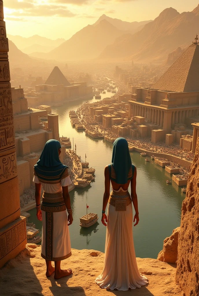A beautiful Woman looks in amazement from inside the Pyramid (home) at the beautiful exterior landscape of Egypt. Ancient Egyptian civilization, wide shot, the Nile River, new pyramid, pyramid building, modern Egypt but 3500 BC The river extends to the horizon, epic feeling, sensation of greatness. View from inside, top of a pyramid (the highest).