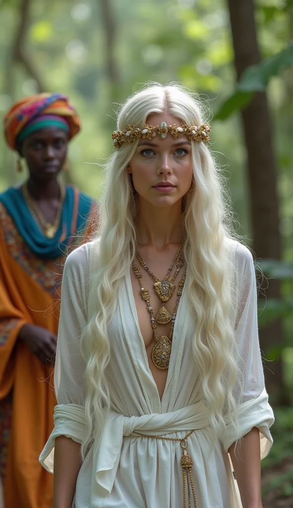 Beautiful blonde woman with blue eyes and fine dreadlocks wearing a white cape and white tunic, Crown of flowers, in the middle of the forest with sunlight, spiritual touch 