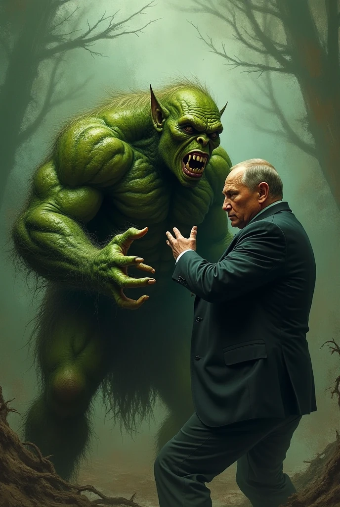 Vladimir Putin runs away from a scary monster in the forest