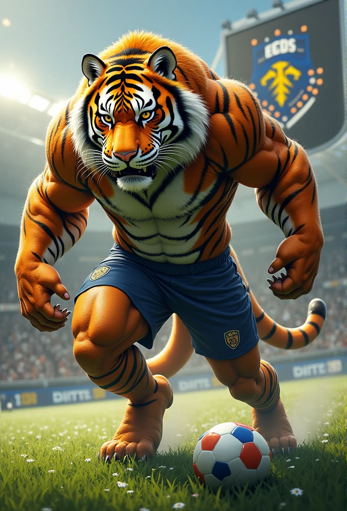 A human football player (((((transforming))))) into an (anthro muscle tiger) on an American football field. (Torso of a tiger), (((human legs))), ((human feet)), (shocked expression), (ripped football jersey), broad shoulders, big biceps, big pecs, big thighs, male focus, detailed tiger face, tiger tail, blue eyes, detailed eyes, high quality, best quality, concept art, photorealistic, octane render, unreal engine, sharp focus <lora:nj5furry:0.8>