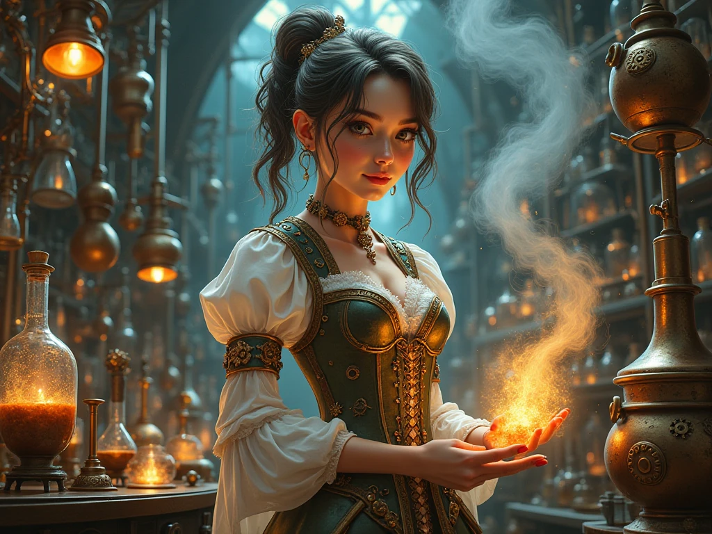 beautiful ginger women in detailed dress at cozy detailed potions shop, air above hair, IPA award wining, masterpiece, best lighting, best shadows, best reflections,