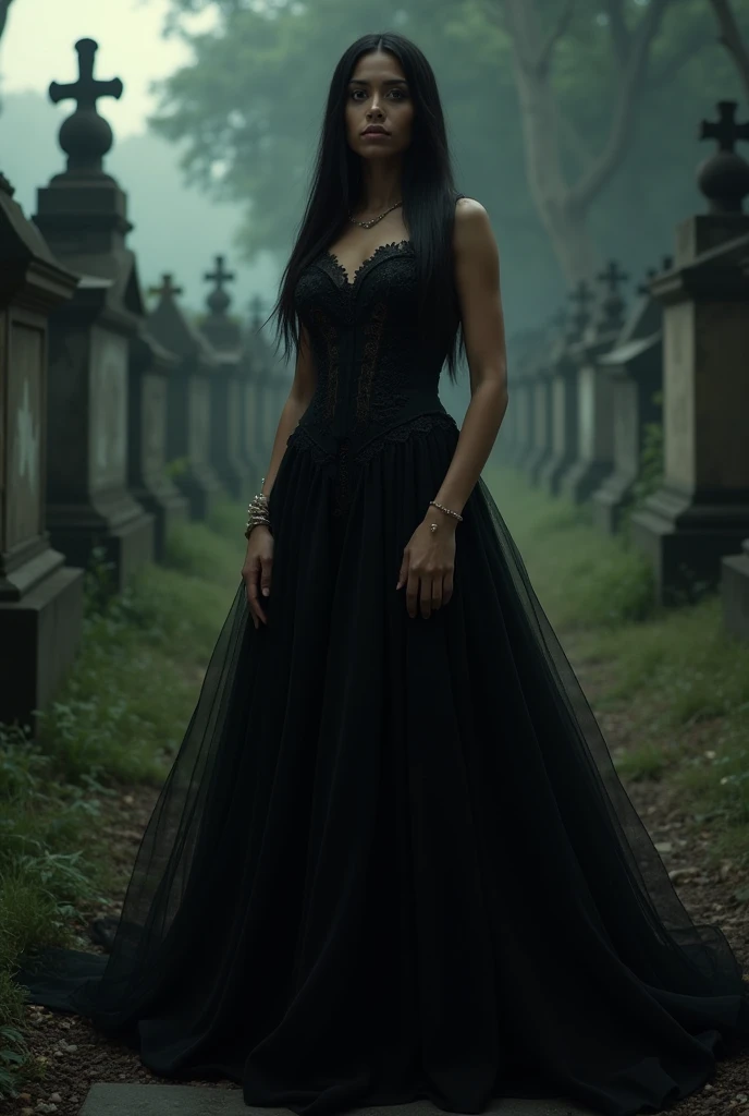 create a black haired woman, big black hat, a stylish black dress with gold details, inside the cemetery