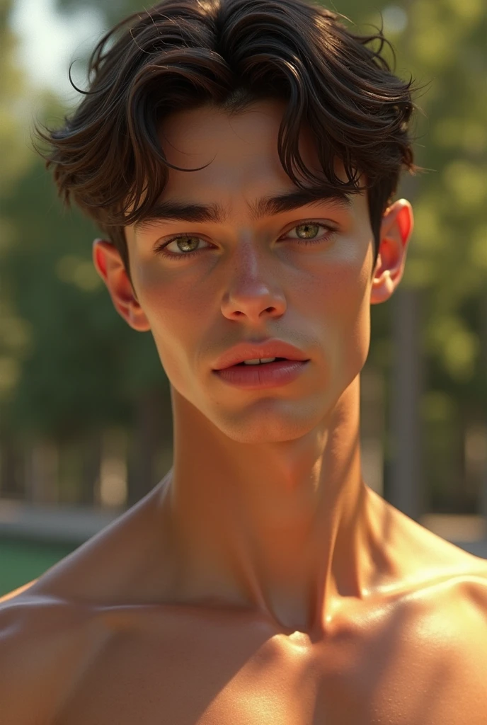 18-year-old Caucasian male , without beard perfect face defined jaws and raised cheekbones, soft lips dark brown hair green eyes, divine beauty, muscular body on a sunny day