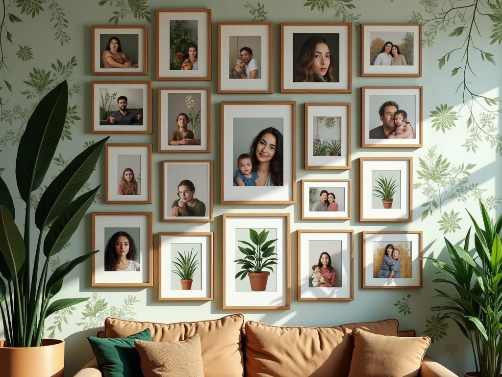 Create a picture of a room with four to five photo frames on one wall