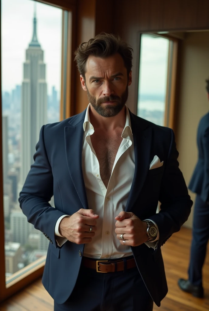 Hugh jackman open his Shirt off in a front of a group Men. Wearing just a suit without a shirt underneath. He gets attention and is touched by them. He is very ticklish and giggles as they tickle him