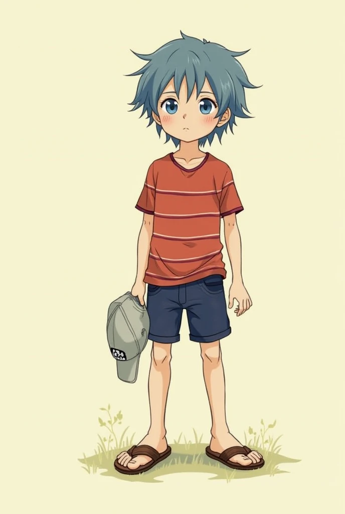 Full body portrait of a little boy with blue hair and a flower pot, shorts! , full body photo, real life Rick Sanchez, full body portrait shot, full body photo, full body photo, full body:: Sunny weather::, Full body shot, Full body with costume, Guweiz,!! Full body portrait !!, smile