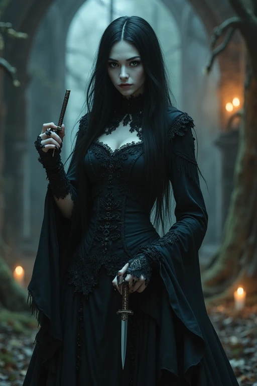 a stylish emo pale witch gothic woman crouched in dark foggy enchanted forest around glowing satanic ritual, witch hat, black velvets, lace, fishnets and leather tinged with scarlet or purple, accessorized with tightly laced corsets, gloves, platform boots and silver jewellery depicting occult themes elegantly quaint in black sludge morbid, fashion and style of dress, typical gothic fashion includes black dyed hair and black clothes wear dark eyeliner, dark nail polish and lipstick, and dramatic makeup (best quality,4k,8k,highres,masterpiece:1.2),ultra-detailed,(realistic,photorealistic,photo-realistic:1.37),HDR,UHD,studio lighting,ultra-fine painting,sharp focus,physically-based rendering,extreme detail description,professional,bokeh,portrait,high fashion,elegant,glamorous,cinematic,dramatic lighting,moody,mysterious,sensual,sophisticated
