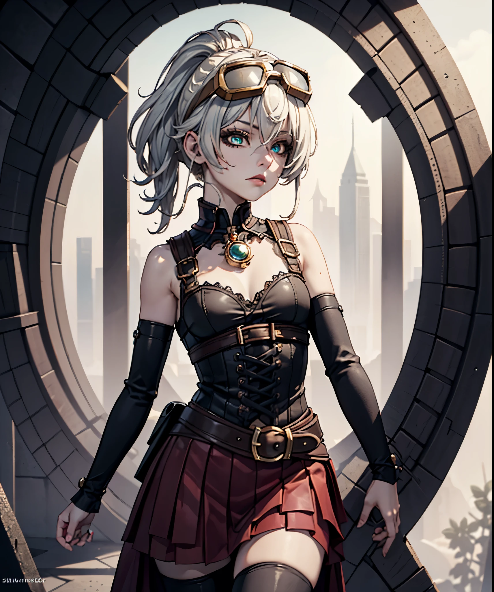 score_9, score_8_up, score_7_up,
sharp focus, female focus, jewelry, , (masterpiece:1.2), (best quality:1.2), (very aesthetic:1.2), (absurdres:1.2), (detailed background),perfect anatomy ,white hair, ,anime,closeup, thighhighs,
1girl, anime female, exploring an ancient, overgrown ruin with a steampunk twist, dynamic pose with one hand reaching toward a weathered stone carving, long chestnut hair flowing in loose curls, expressive hazel eyes filled with wonder, wearing a fitted leather corset paired with a tattered, layered skirt and brass accessories, delicate steampunk goggles resting on her head, intricate gears and pipes interwoven with mossy stone in the background, soft warm lighting casting dramatic shadows, detailed textures in both the character and the environment, atmospheric and cinematic quality, evoking a mysterious, adventurous spirit in a forgotten world rediscovered.,Monami, spot color, hatching (texture),,yoneyama mai,, yoneyama mai,1girl, solo, looking at viewer, blurry,chromatic aberration,portrait,close-up ,
