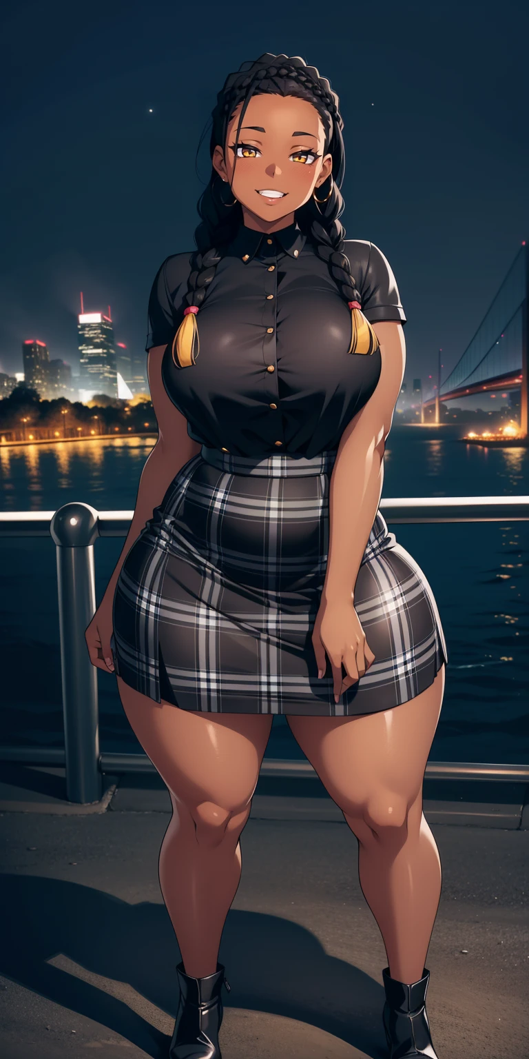 4K Quality, grinning, sexy pose, black plaid miniskirt, standing up, black african braids, dark skinned, thick thighs, big breasted, big ass, looking at viewer, braided hair, amber eyes, night time, bedroom eyes, full body, city background, perfect face, perfect body, perfect eyes, full lips, hoop earrings,