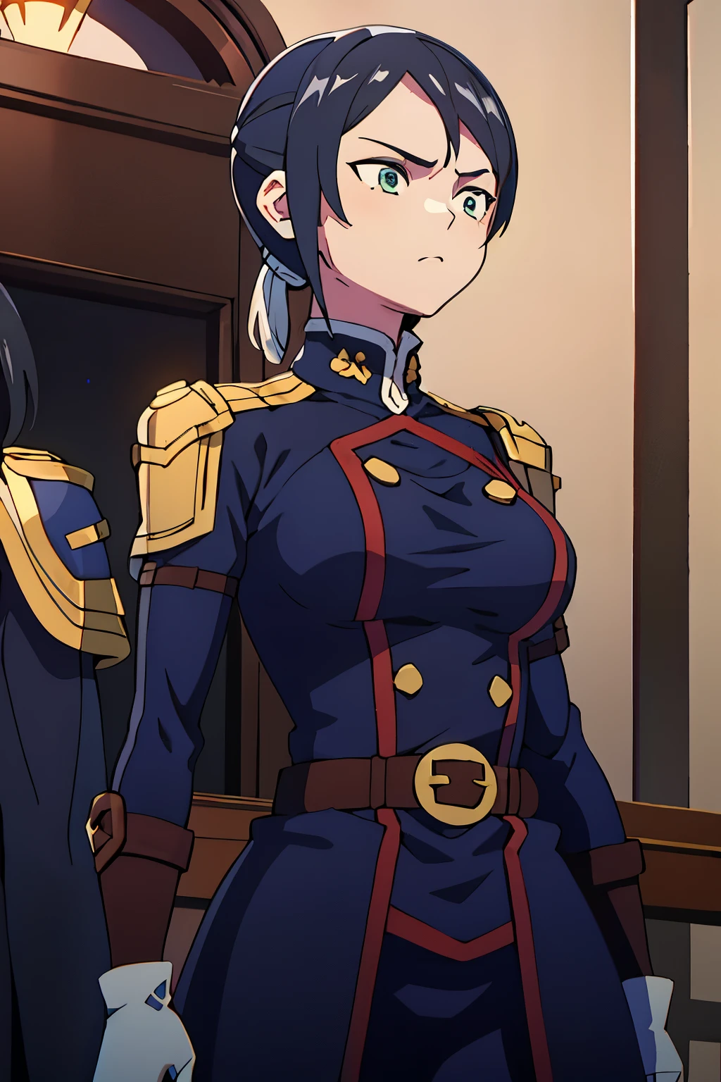 a young woman with a serious and determined expression. She has dark hair tied up in a tall ponytail , with loose locks framing her face . Her eyes are of a light shade , possibly blue or green , and his skin is pale .
He wears armor from modern look with gold details on a tight black uniform. The armor covers his torso and shoulders, leaving her arms relatively free . She wears fingerless gloves and dark bracelets on one of her wrists .
on his thigh, wearing a pair of belts with buckles and a leather bag tactical-looking . On her back you can see a long sword , , which indicates that she is a skilled fighter .
The lighting in the image gives her an elegant and professional look , highlighting the details of her clothing and her secure bearing .