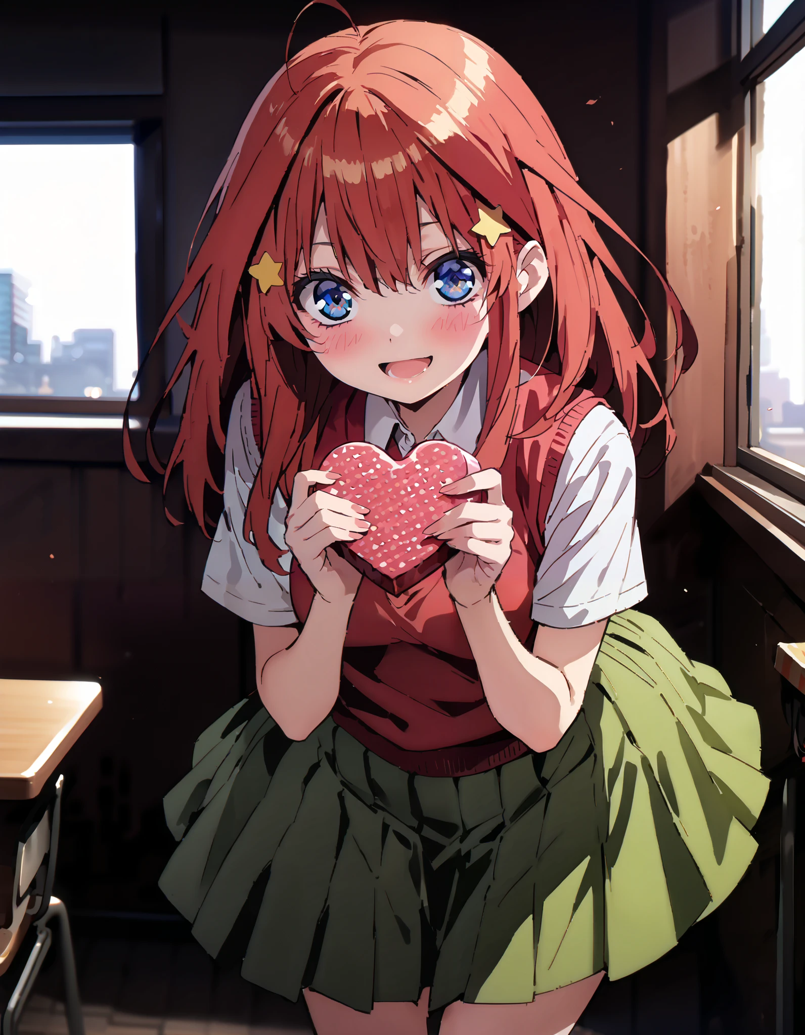 itsukinakano, Nakano Mizuki , bangs,  blue eyes, çµç¹ , stupid hair, Red Hair, star \(  symbol \),  Hair Ornament, star  Hair Ornament,smile,blush, open your mouth,
 blazer, skirt,  shirt,  school uniform, clavicle, white  shirt, Short sleeve,  pleated skirt,  socks, collared  shirt,  miniskirt,  knee-high, white  socks, ( green skirt :1.5),  sweater vest, (red  sweater vest:1.5),Give a heart-shaped gift,whole bodyが illustrationに入るように,
break indoors, classroom,
break looking at viewer, whole body,(cowboy shot:1.5),
break ( Masterpiece:1.2),  top quality,  Hi-Res,  Unity 8k Wallpaper, ( illustration:0.8), ( beautiful detailed eyes :1.6),  Extremely Detailed Faces,  perfect lighting,   very detailed CG , ( Perfect Hands,  perfect anatomy),