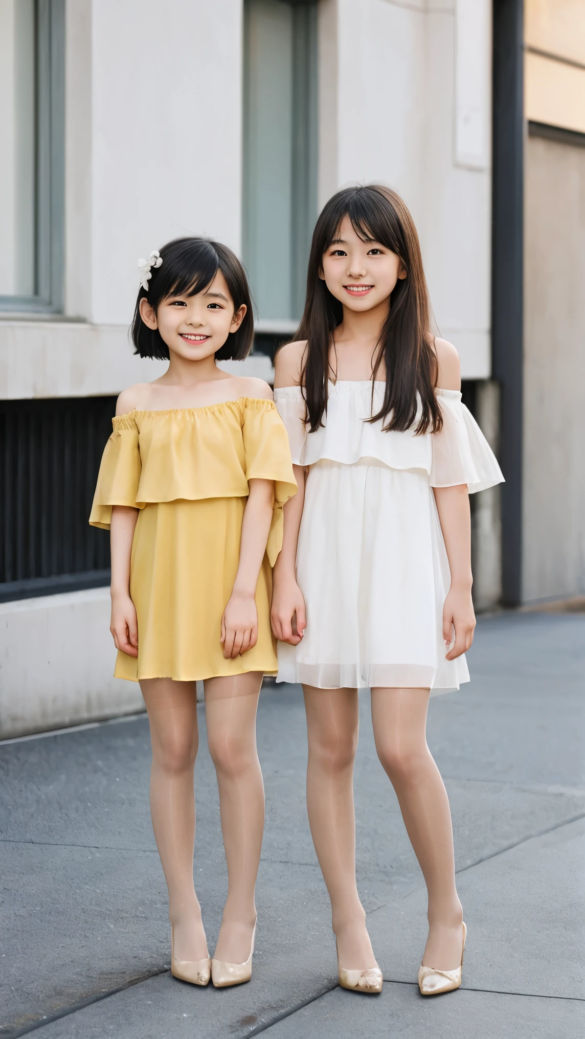 Two very young Japanese girls, 6, full body, short hair, high heels, sheer pantyhose, tight very short dress, Off-Shoulder, smile, standing pose