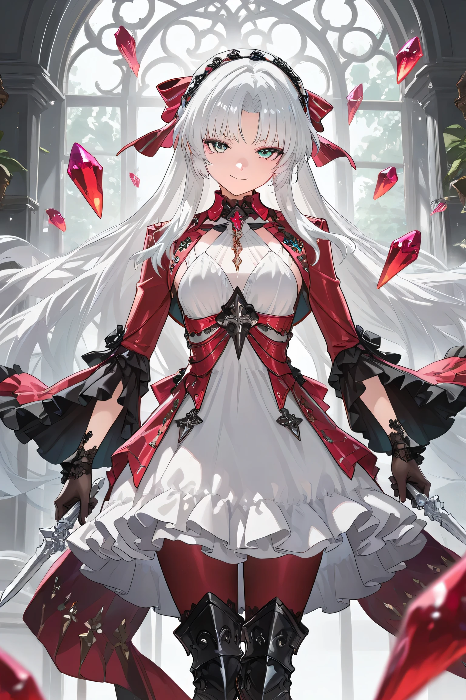 (Best quality, 4k, 8k, high resolution, masterpiece:1.2), ultra detailed, intricate details, SOLO, beautiful girl, long flowing white hair, braided strands, silver-white hair, bangs, turquoise-green eyes, small-medium breasts, perfect smooth skin, looking at viewer, confident smile, slight smirk, head tilted, elegant, aristocratic, (floating red crystal:1.2), Carlotta, gothic fantasy setting, luxurious ornate background, red ribbon, blue floral hairpins, black lace gloves, red jacket with slit sleeves, intricate golden embroidery, red corset, white frilly dress, thigh-high red stockings, (black armored boots:1.0), silver dagger with red gemstone hilt, layered cape with blue inner lining, magical aura, soft atmospheric lighting, (floating magical shards:1.1), holding a floating red crystal in one hand, gripping an ornate dagger in the other, standing with a poised posture, noble and mysterious aura
