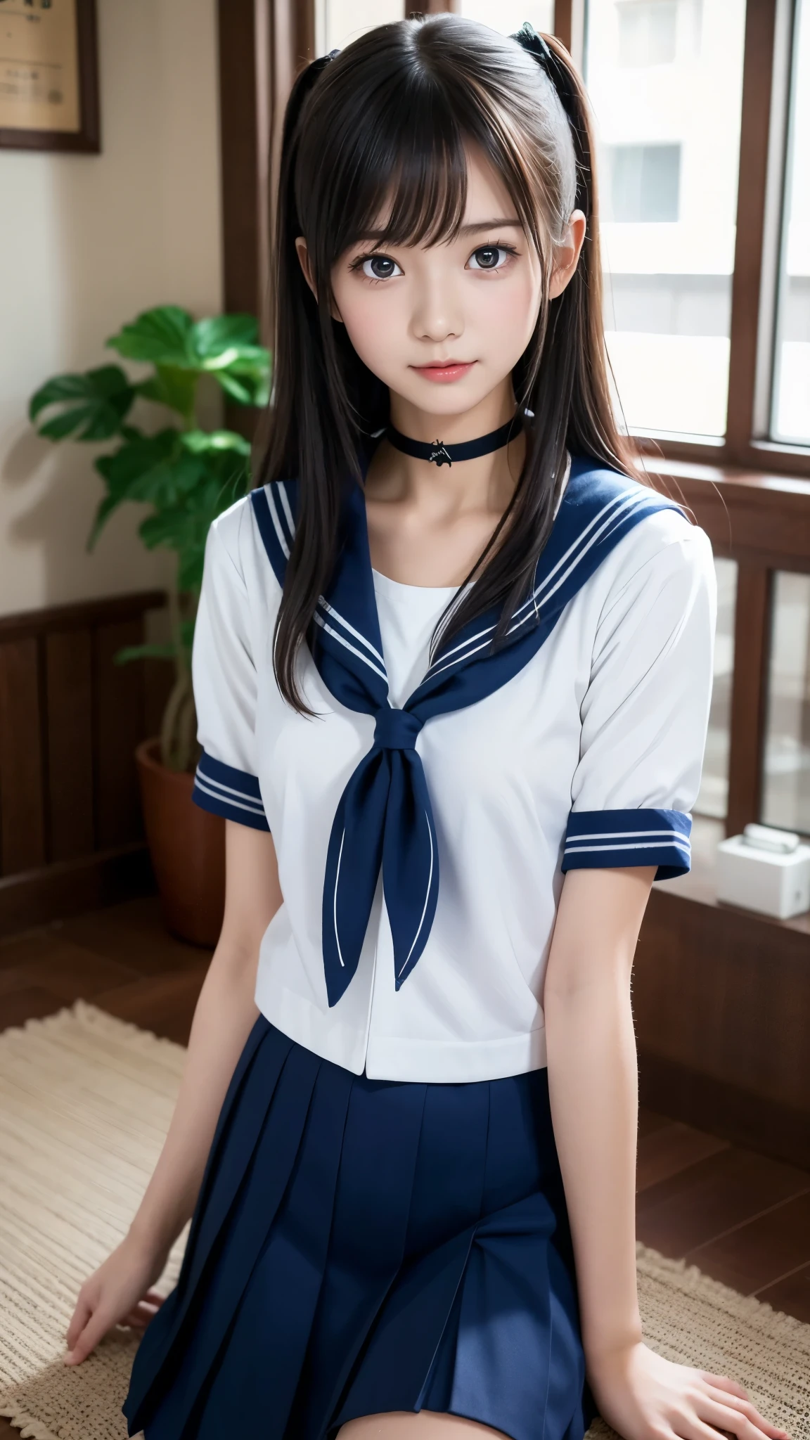 Arab Asian woman in sailor suit sitting on carpet, a super realistic high school girl , wearing Japanese School Uniform, cute high school girl, Sailor uniform, Japanese School Uniform, super realistic high school girl , Japanese High School Girls Uniforms , real-world anime girl , I'm leaving wearing my school uniform , BEAUTIFUL ANIME HIGH SCHOOL GIRL, loose coat collar Sailor uniform, JK uniform , beautiful bust line, ((())), ( detailed hands:1.3, perfect right hand:1.2, fine fingertips down to the smallest detail), slender body line, choker, top quality, best image quality, Masterpiece, photoreality , Ultra-high definition,