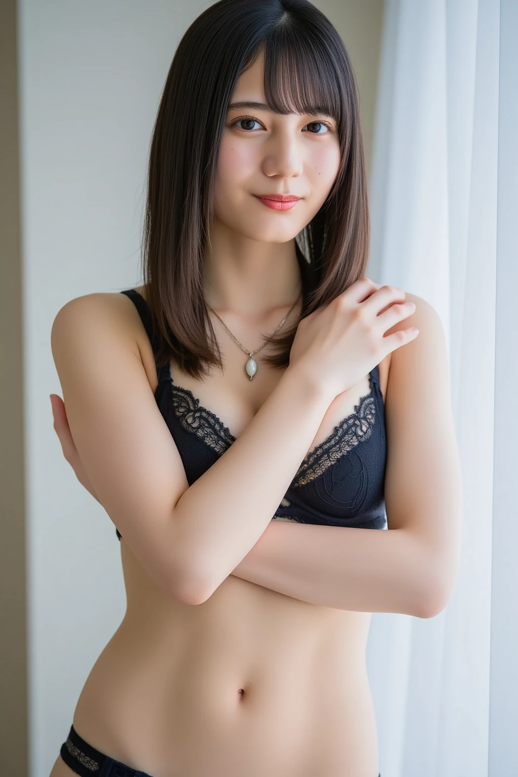 A skinny Japanese woman, {30|40} years old, 1girl, cute face, slight smile, ((detailed face, detailed eyes)), black {short|long} hair, medium breasts, very thin waist, correct human body structure, See-through lace mini dress, standing in a hotel lobby, (full body photo),