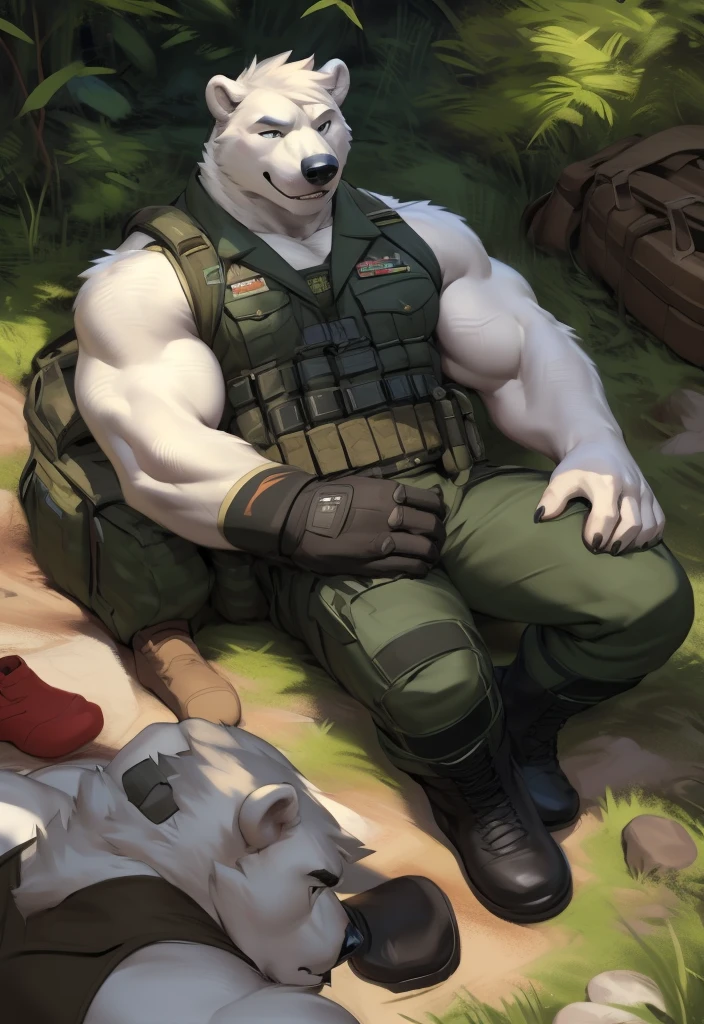 By dangpa, By daveoverlord, by kuulongarl, by takemoto, by kusunagi polar bear, muscular, topless, military, planes, huge pec, pectoral, large , blue tank top, black gym shorts, black wristbands, black gym shoes, wearing black sun glasses, attractive guy, 8k furry art