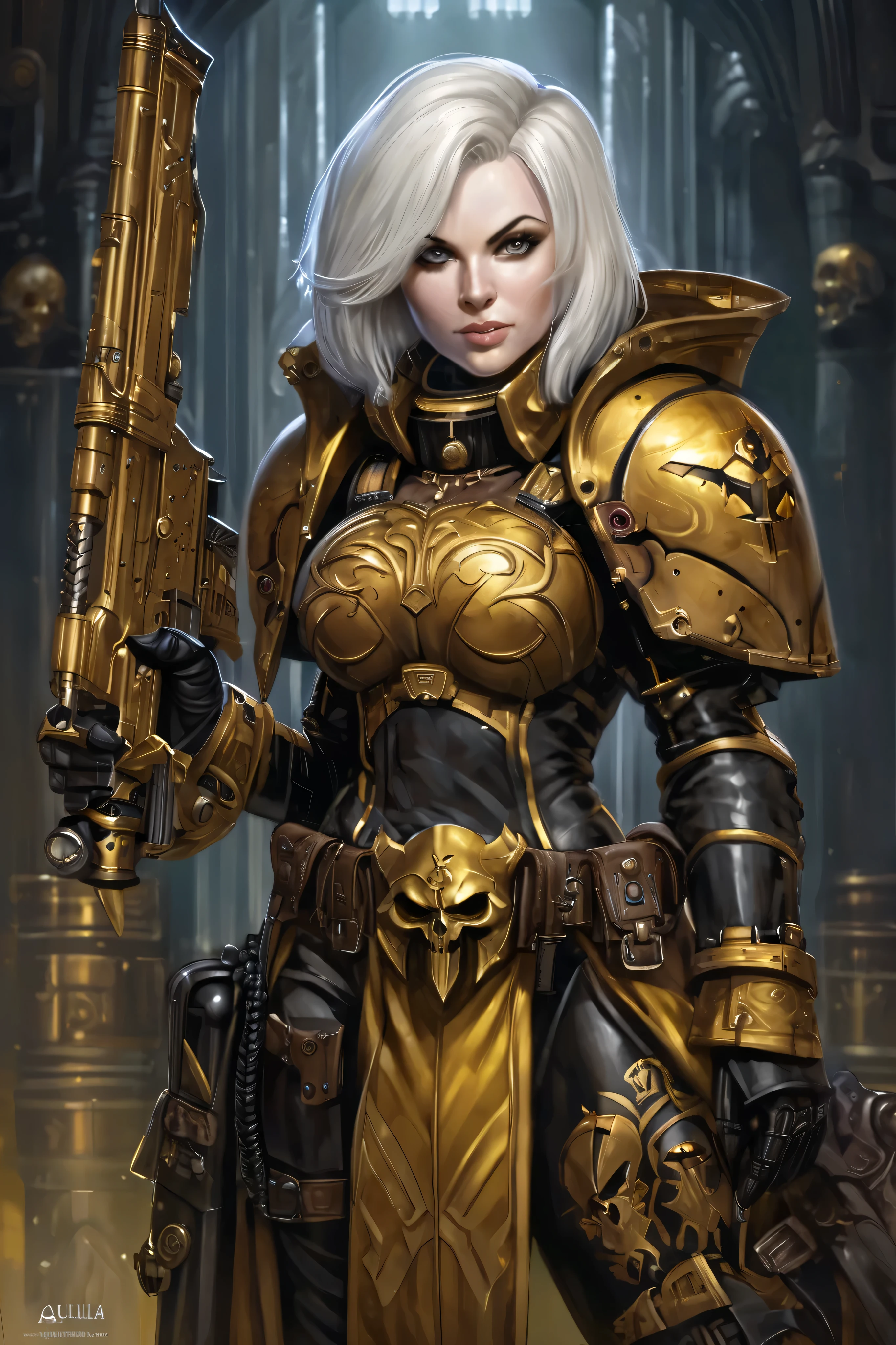 pale skin, white short hair with braid, hair plait, scars, muscular woman, muscle mommy, black and gold armor, Biomancer Psyker female Rogue Trader Warhammer 40k in Power armor full body Portrait painting Gothic with spaceship background, aquila of the emperor staff, bolter gun, heretic gold shade, hooded with augments