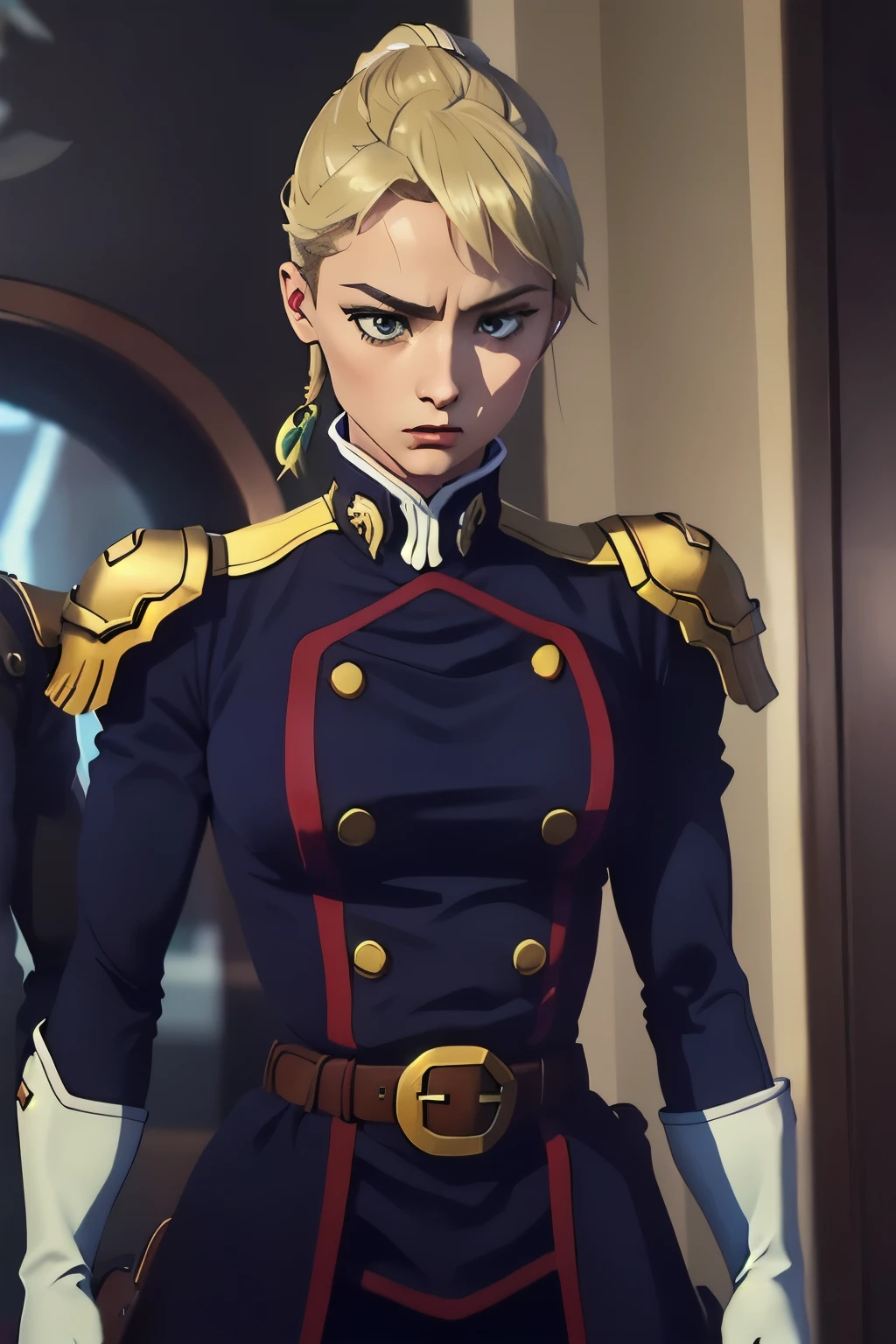 a young woman with a serious and determined expression. She has dark hair tied up in a tall ponytail , with loose locks framing her face . Her eyes are of a light shade , possibly blue or green , and his skin is pale .
He wears armor from modern look with gold details on a tight black uniform. The armor covers his torso and shoulders, leaving her arms relatively free . She wears fingerless gloves and dark bracelets on one of her wrists .
on his thigh, wearing a pair of belts with buckles and a leather bag tactical-looking . On her back you can see a long sword , , which indicates that she is a skilled fighter .
The lighting in the image gives her an elegant and professional look , highlighting the details of her clothing and her secure bearing .