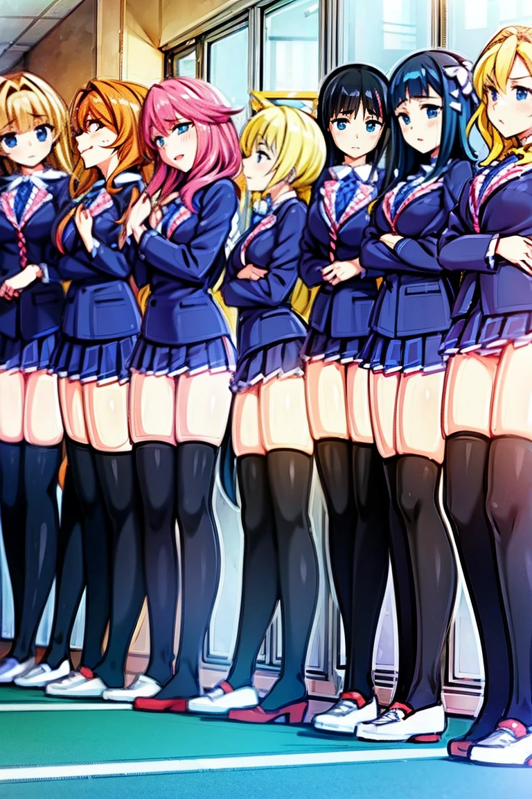 ((highest quality)), ((masterpiece)), (High resolution), 8K, best shadow, The best natural light, cinematic, (Four adult women walking up the stairs:1.4), (brown hair,)、Looking back, bashful、blazer、navy check skirt、(dark blue socks)、((Rear view))、Angle from the rear, dark blue socksにクローズアップ、Manga panel layout、cartoon style、Manga Design、station stairs, (Skirts that turn over in strong winds:1.4), Stylish white satin panties, slender body,beautiful thighs, embarrassed expression,NSFW,cum in panties