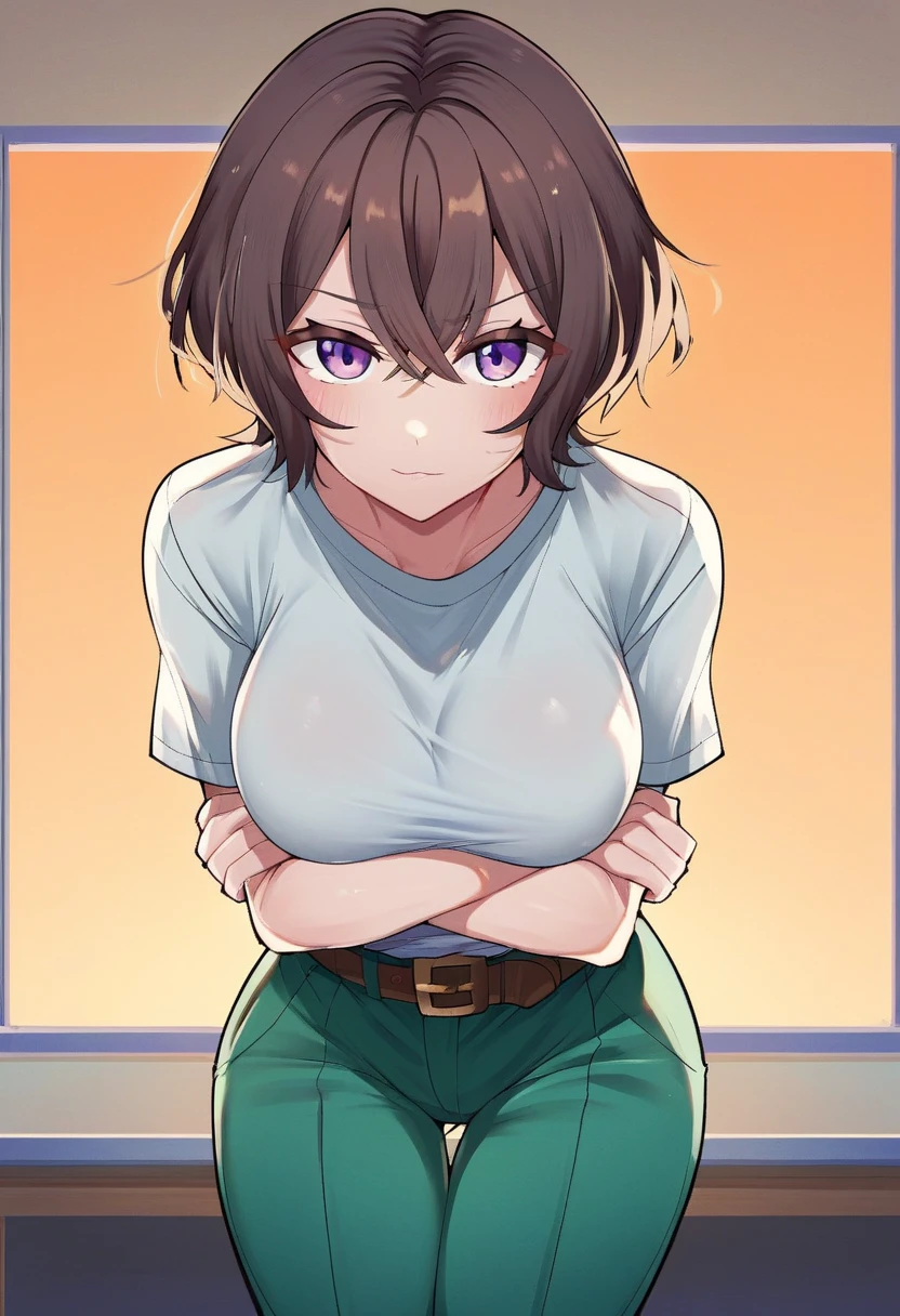 ((best quality, masterpiece)), 1girl, female, highschool student, short hair, spiky hair, boyish hair, ((soft)) smile)), brown hair, ((dark skin)), green eyes, caring, big breasts, handsome girl, collarbone, (pendant), red shirt, long sleeves, inside a living room