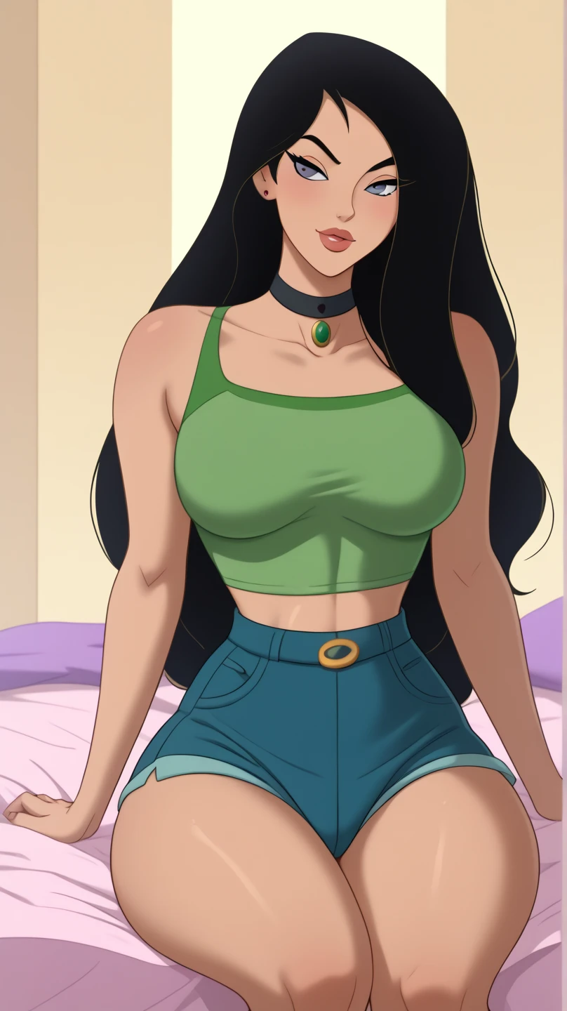 Curvy blue eyed girl with long wavy black hair and small breasts, (cruel_expression):4.0, lewd:2.0, (pubic_stubble):3.0