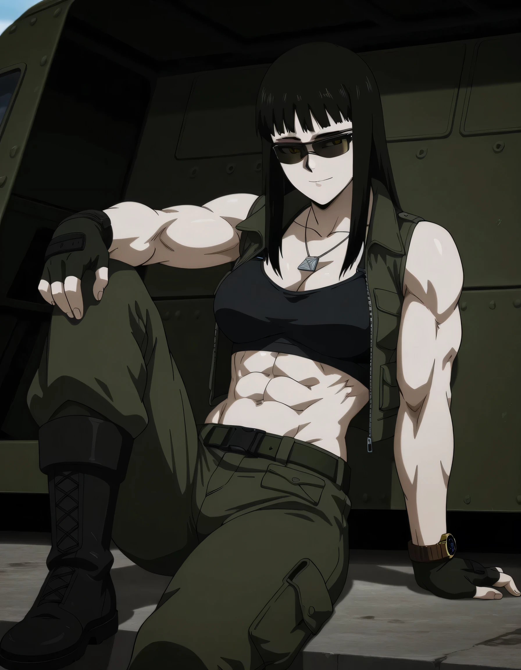 (best quality,ultra-detailed,realistic:1.37),musclaur badass Valmet with sculpted body with preview her musclaur body and six-pack, full review of the female character face and body, intense expression,studio lighting, vivid colors, physiologically-based rendering, grungy texture, rugged background, dust particles in the air, commanding presence, professional, powerful, gritty aesthetics,،short hair،tattoos on shoulders,,Shining muscles, muscle protrusion,Valmet have a sex muscles,eyepatch,penis,wet body,wet clothes,white skin,water dropped on body,Shining skin,combat trousers,tank top female inside open vest, dog tags, gloves,ammunition belt,Valmet only,sitting side of military vehicle 