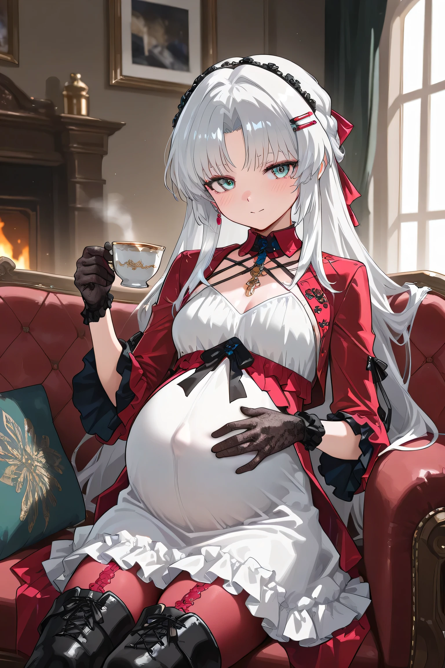 (Best quality, 4k, 8k, high resolution, masterpiece:1.2), ultra detailed, intricate details, SOLO, beautiful girl, long flowing silver-white hair, braided strands, bangs, turquoise-green eyes, small-medium breasts, perfect smooth skin, looking at viewer, gentle smile, slight blush, head tilted, elegant, aristocratic, (Pregnant:1.2), Carlotta, at house on luxury sofa, relaxing, holding a cup of tea, enjoying tea time, wearing a red corset, white frilly dress, red ribbon, blue floral hairpins, black lace gloves, red jacket with slit sleeves, thigh-high red stockings, (black hip-high boots:1.0), sitting gracefully, soft atmospheric lighting, luxurious and gothic-style room, warm and cozy ambiance, gentle glow from fireplace, refined and noble presence