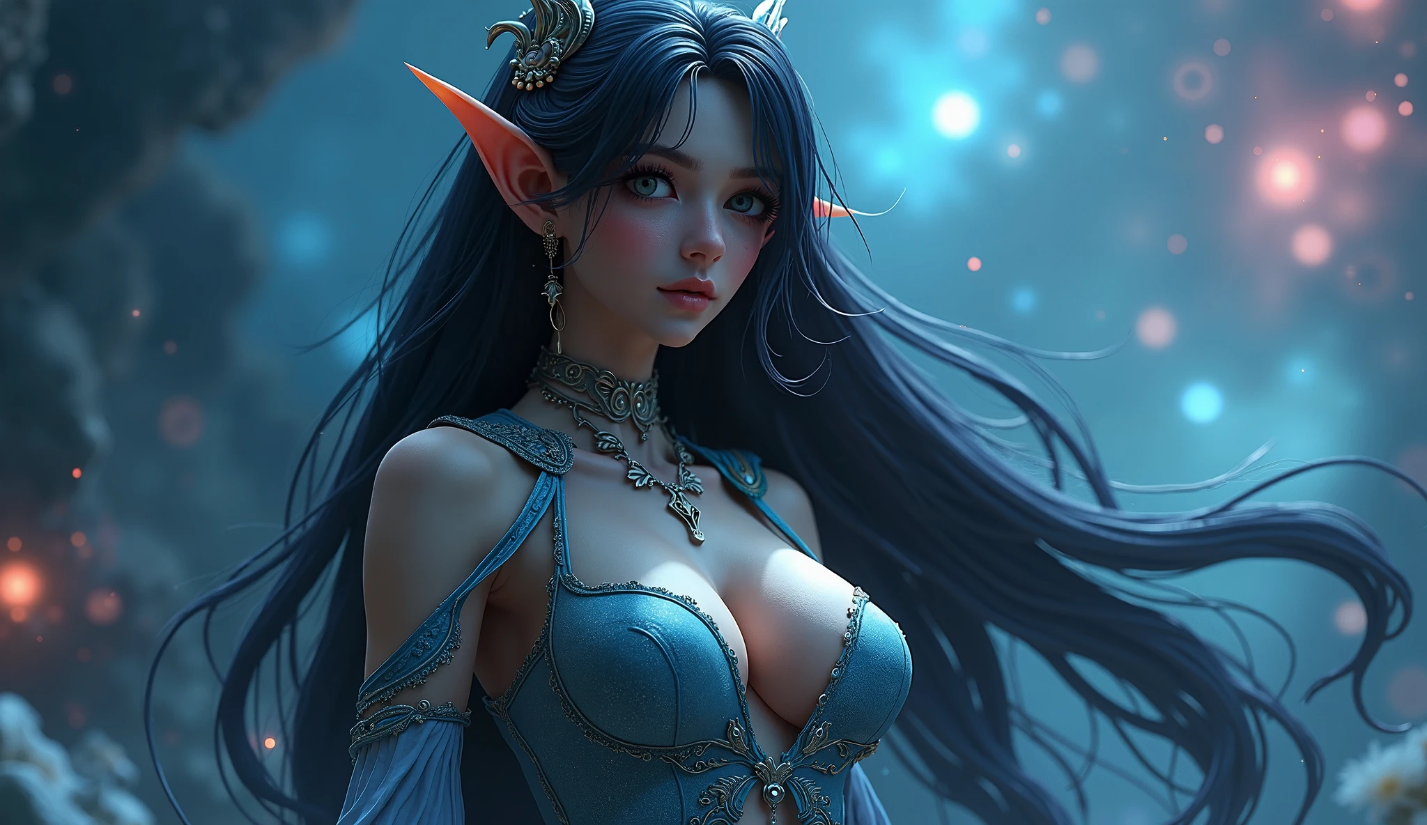 a women, blue butterfly, blue hair, pink eyes, blue dress, lights, detailed face, detailed eyes, detailed hands, colors, forest, elf woman