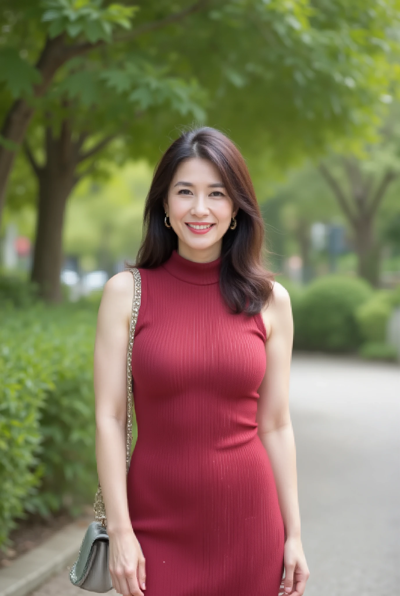 Beautiful middle-aged woman standing in a park (48 years old: 1.4), wavy dark hair ,Slender and long legs, fine laugh lines: 1.2, and a bewitching smile . 。 sharp facial details , amazing beauty (Ultimate beauty), It features 、 (lipstick: 1.1), ( eyeliner: 1.2), mascara, and eyeshadow . model exudes elegance and confidence , Large garden nearby and high resolution , photo by Nomi quality ( by Nomi: 1.2, hyper by Nomi: 1.1, photo by Nomi: 1.37), Unmatched Beauty Live Venue, and formal aesthetics (1.4). The image is rendered with sharp focus (1.4), , tolerates depth of field, and physical base rendering . Each fashion pattern has sophisticated seasonal styling, 。 The image exudes clarity and refinement 。Moss colored turtleneck sleeveless knit dress, with makeup including a blurred abstract background 、 reflects quiet refinement .