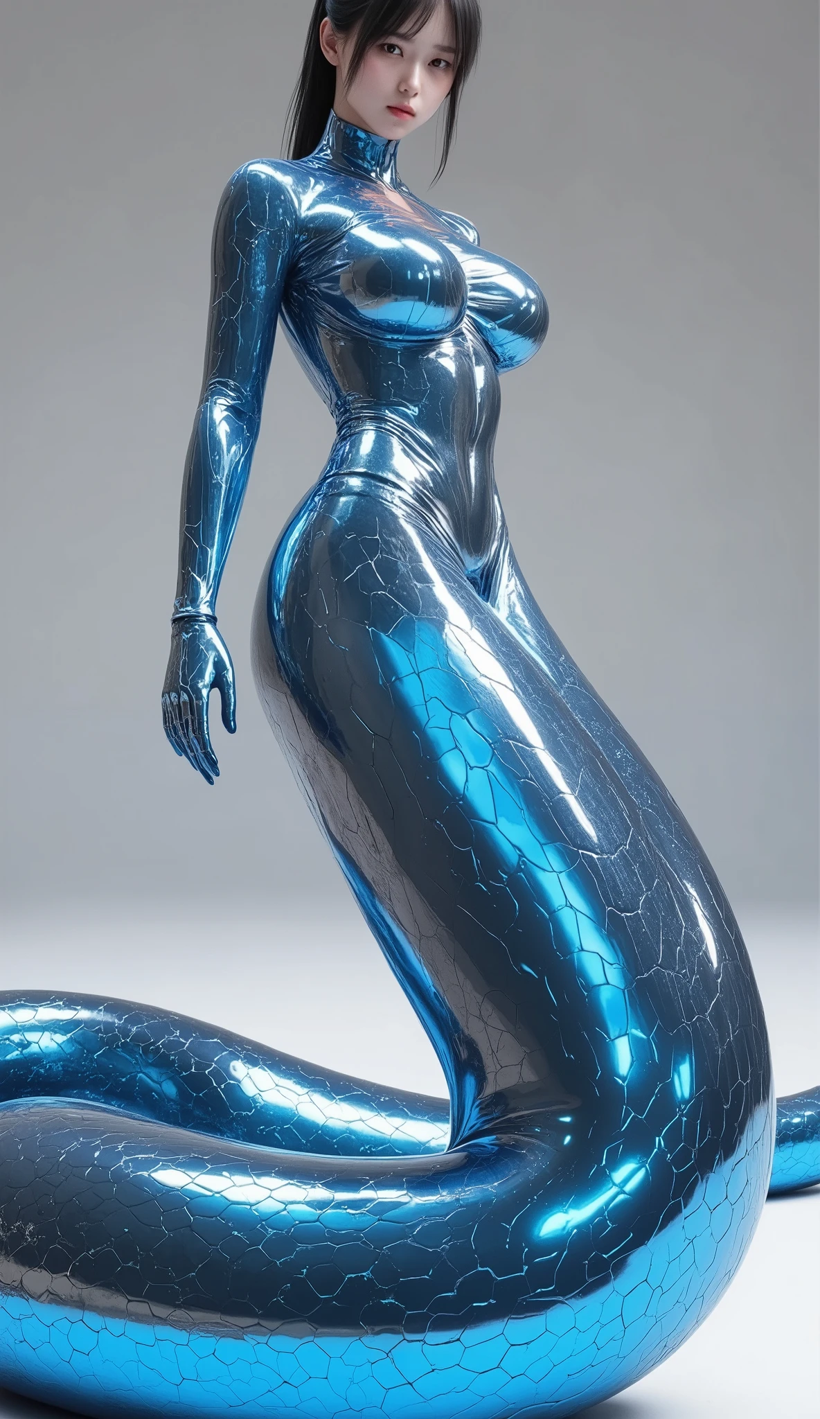 full body, ladylike, elegant, muscular, sassy, high class, chiq, tall, statuesque, full figured, slim, enormous hips, long shiny hair, massive booty, massive breasts, massive hips, wide hips, massive thighs, rubenesque, voluptuous lower body, cobra, snake, scalie, thick tail, thin waist, narrow waist, small waist, tiny waist, small midsection, forked tail, metallic skin, metallic body, glowing neon bodysuit, intricate