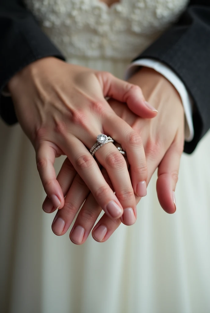 Create a logo that represents the brand 'Wedding Tips.' The logo should feature two hands, one of a woman and one of a man, forming the letter 'W'. Each hand should wear a wedding ring. The style should be elegant and romantic, with subtle details to make the hands look realistic yet stylized. The overall feel should convey love, partnership, and the essence of a wedding.