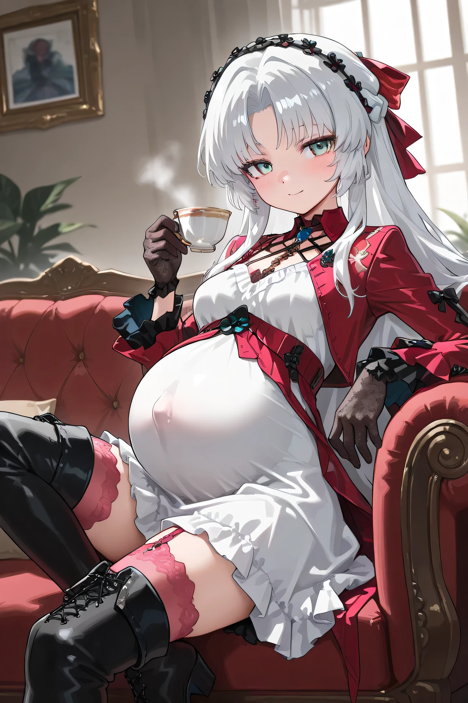 (Best quality, 4k, 8k, high resolution, masterpiece:1.2), ultra detailed, intricate details, SOLO, beautiful girl, long flowing silver-white hair, braided strands, bangs, turquoise-green eyes, small-medium breasts, perfect smooth skin, looking at viewer, gentle smile, slight blush, head tilted, elegant, aristocratic, (Pregnant:1.2), Carlotta, at house on luxury sofa, relaxing, holding a cup of tea, enjoying tea time, wearing a red corset, (white frilly dress:1.0), red ribbon, blue floral hairpins, black lace gloves, red jacket with slit sleeves, (pink thigh-high socks:1.0), (black hip-high boots:1.2), sitting gracefully, soft atmospheric lighting, luxurious and gothic-style room, warm and cozy ambiance, gentle glow from fireplace, refined and noble presence