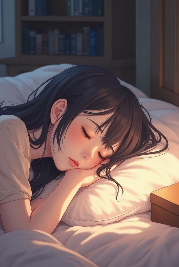 A peaceful nighttime scene featuring a woman gently falling asleep while listening to calming music. The woman is lying on a cozy bed with soft pillows and a warm blanket, surrounded by a serene, dimly lit bedroom. Her expression is calm and content, as if she is drifting into a deep, restful sleep. She wears comfortable sleepwear, and a soft glow from a nearby lamp casts a gentle light across the room. The ambiance is enhanced by subtle, soothing colors and soft shadows, creating an atmosphere of tranquility and relaxation.

