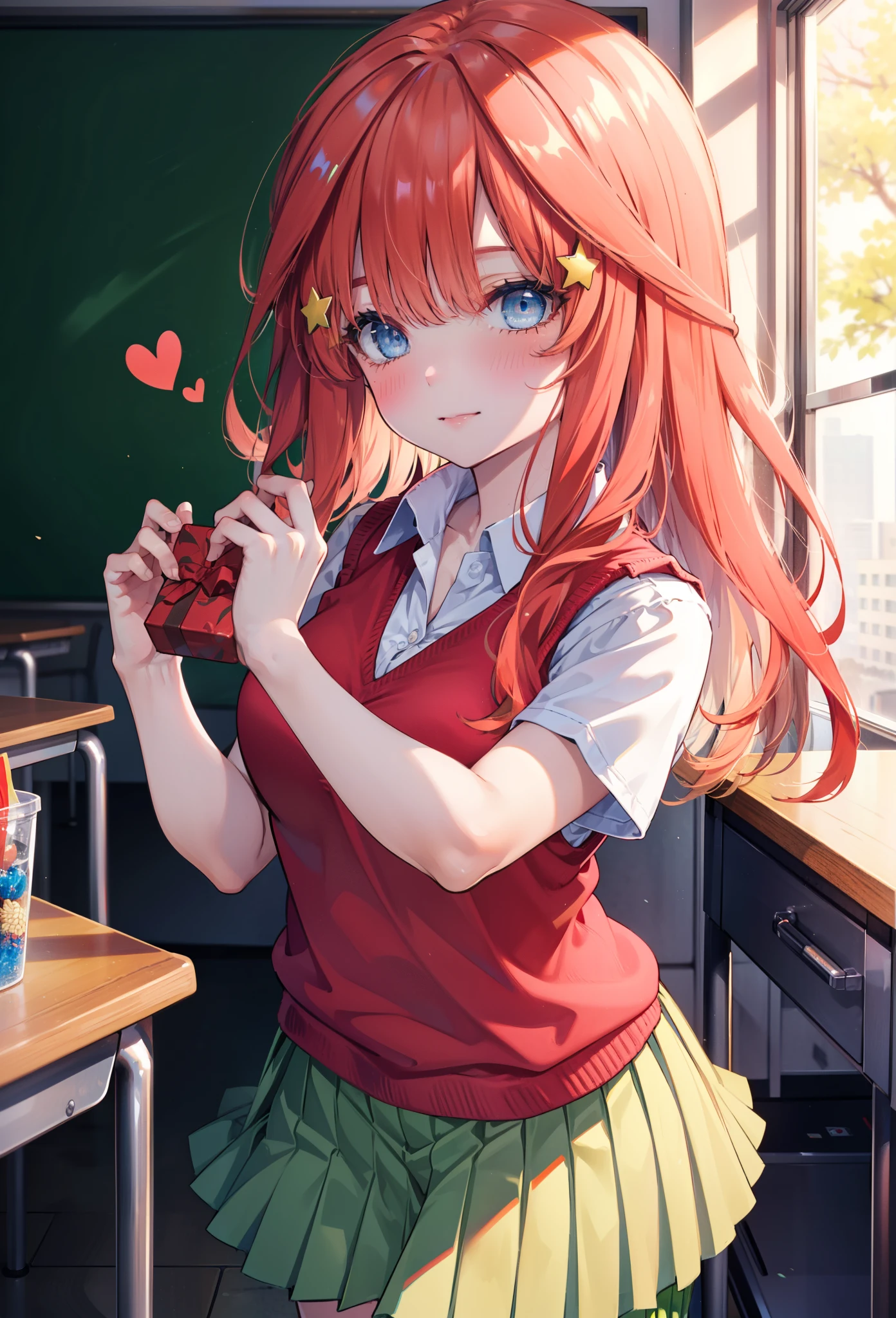 itsukinakano, Nakano Mizuki , bangs, blue eyes, çµç¹ , stupid hair, Red Hair, star \( symbol \), Hair Ornament, star Hair Ornament,smile,blush, open your mouth,
blazer, skirt, shirt, school uniform, clavicle, white shirt, Short sleeve, pleated skirt, socks, collared shirt, miniskirt, knee-high, white socks, ( green skirt :1.5), sweater vest, (red sweater vest:1.5),Give a heart-shaped gift,whole bodyが illustrationに入るように,
break indoors, classroom,
break looking at viewer, whole body,(cowboy shot:1.5),
break ( Masterpiece:1.2), top quality, Hi-Res, Unity 8k Wallpaper, ( illustration:0.8), ( beautiful detailed eyes :1.6), Extremely Detailed Faces, perfect lighting, very detailed CG , ( Perfect Hands, perfect anatomy),