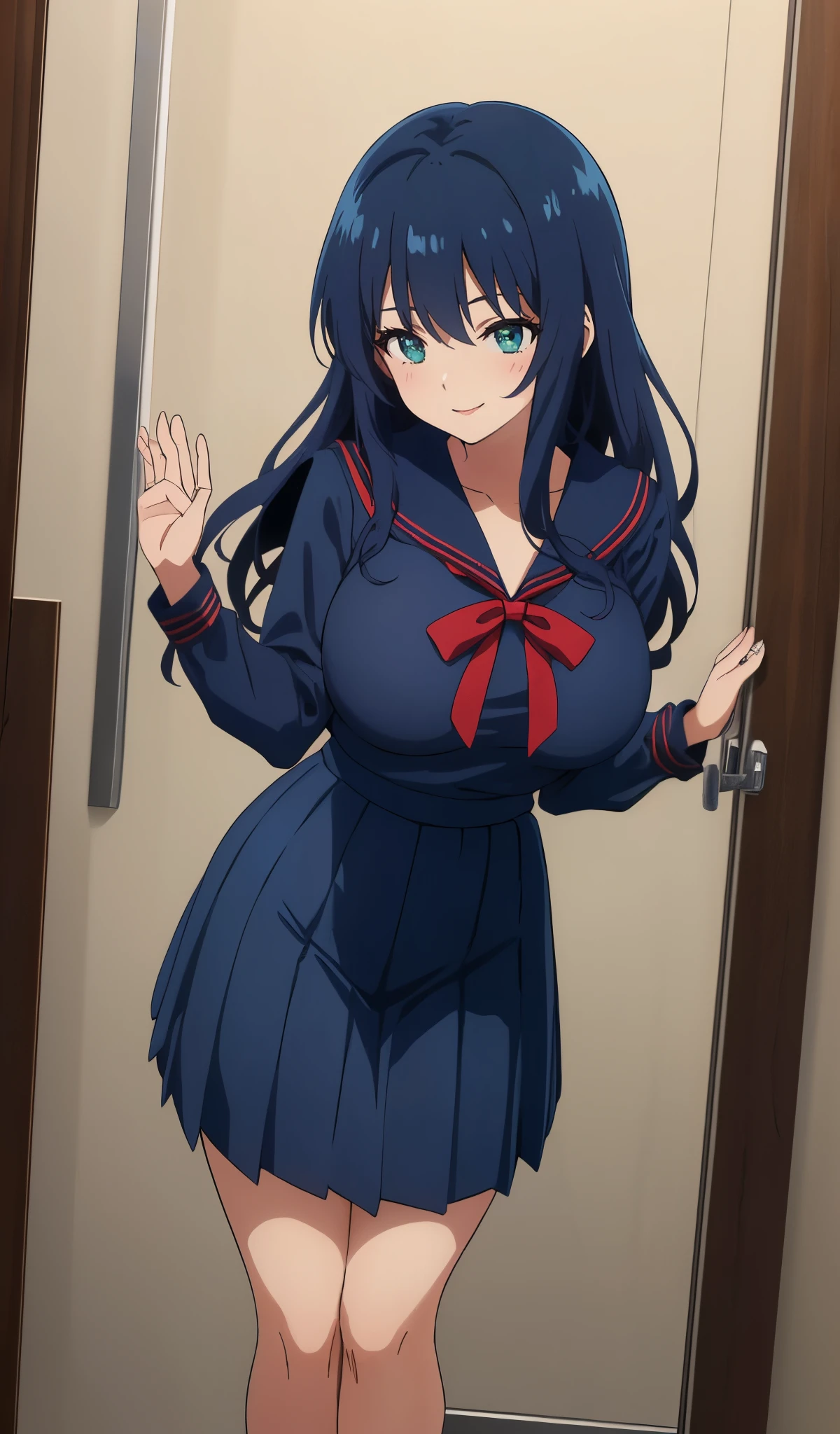 Young woman drawn in 80’s anime art style.
Retro anime. Vintage Anime. Classical Anime.
She has long and wavy blue hair, green eyes, full lips, and a beauty mark located under the right side of her mouth. She is well known for her curvaceous figure of which her most distinctive trait is her very large breasts. She has a sinister smile.
Meanwhile she is also visiting a High School!
She is wearing a sailor fuku (セーラー服, sērā fuku, sailor outfit) is a common japanese style of uniform worn by women, traditionally by high school female students.
The uniform generally consists of a sailor-styled blouse attached with a (Navy blue sailor-style collar) and a Dark Navy Blue Sailor Blouse. The length of the long skirt goes down past her ankle.
A ribbon is tied in the front and laced through a loop attached to the sailor blouse. The color is the ribbon is red. (RED RIBBON)
(Dark Navy Blue Sailor Shirt)
(Dark Navy Pleated Skirt)
(High School)