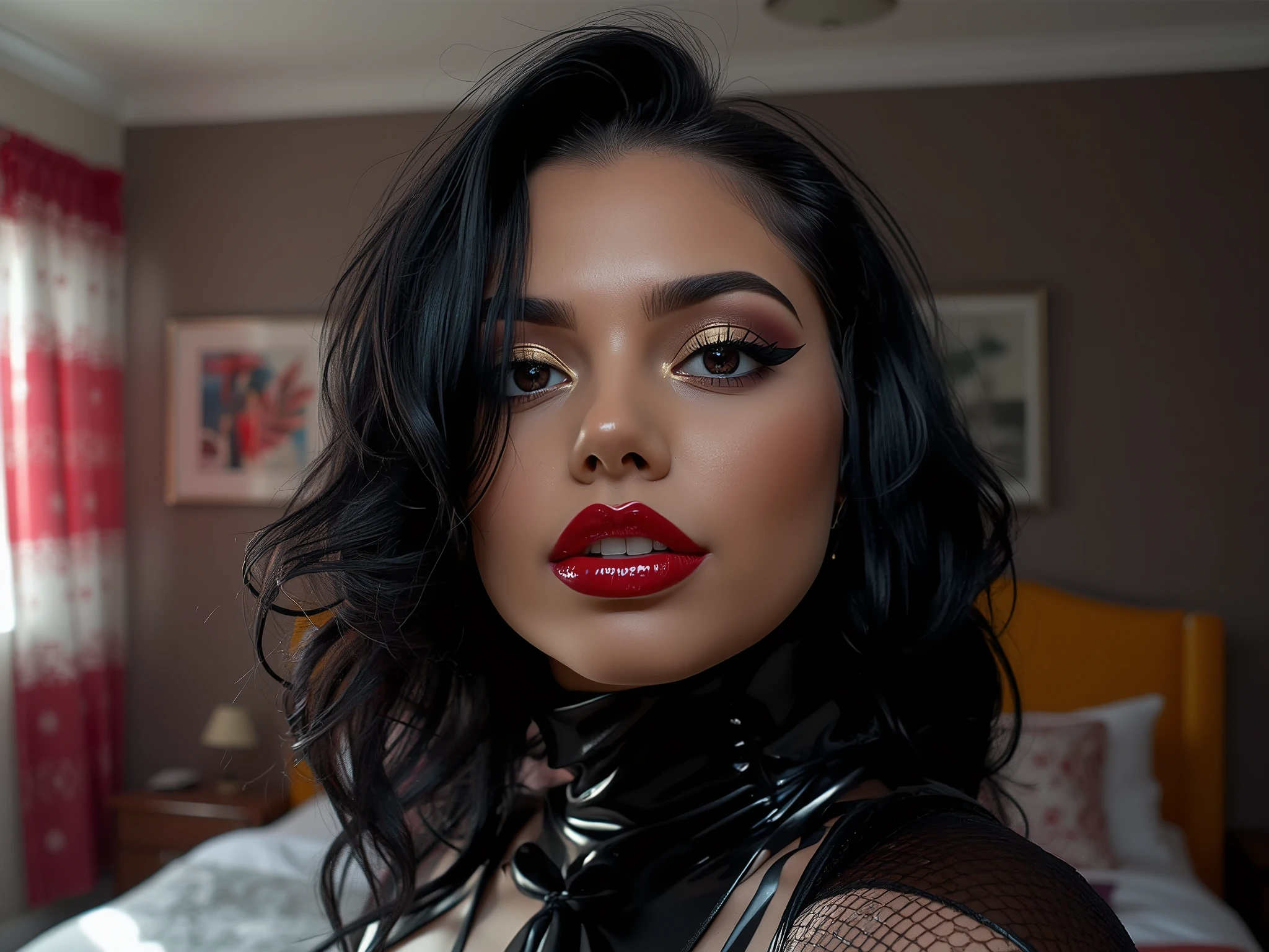 deep red lips, lip gloss, shiny lips, eyeliner flicks, thick eyeliner, latex outfit, cute makeup, black hair, bedroom