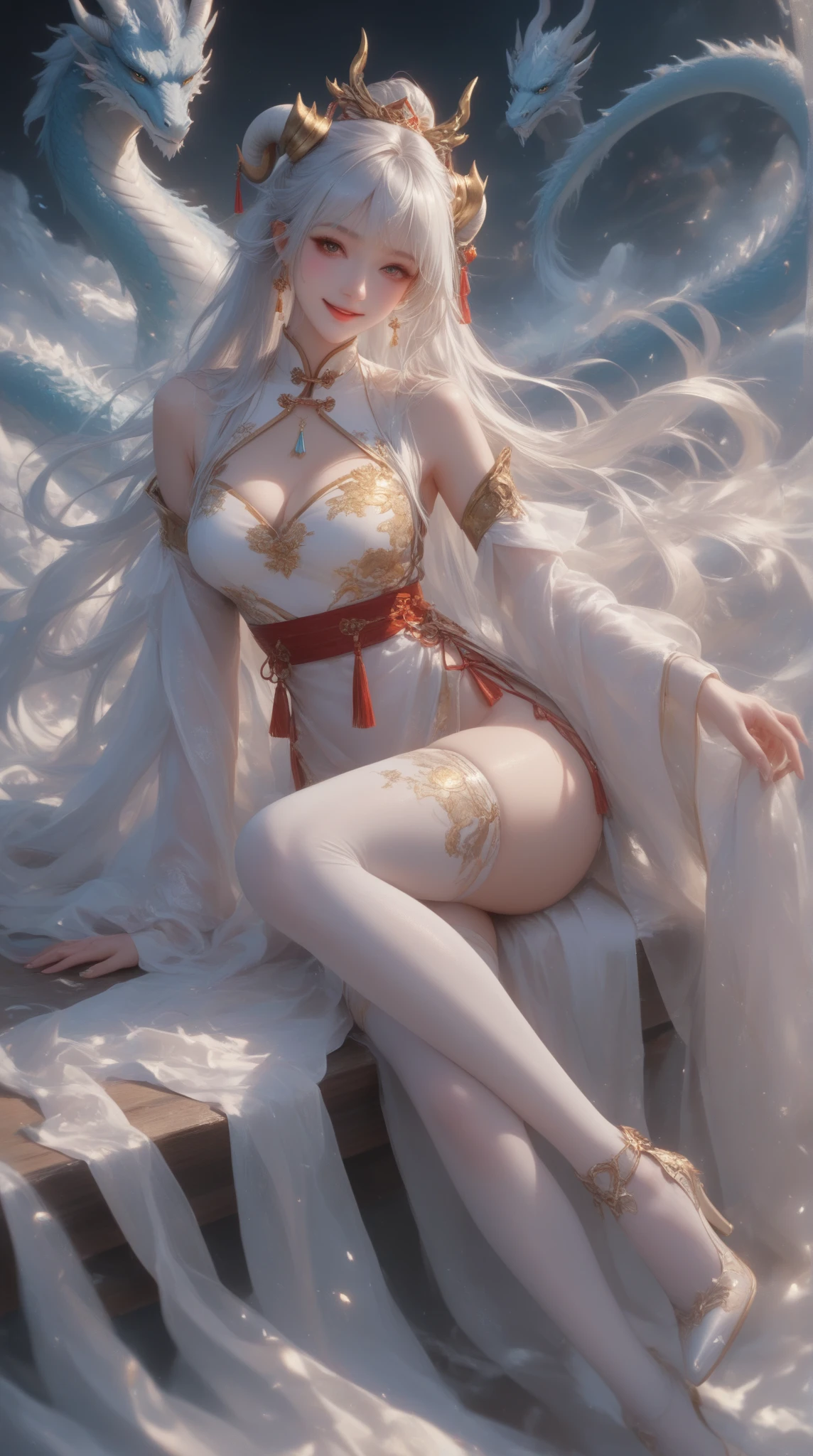 (looking at viewer), fullbody view,((erotic posing)),Dynamic posing,Arrange pose,dramatic,cinematic,detailed background,dynamic angle,Hard NSFW,Top quality work，Photorealistic works，Ultra Premium Graphics，8K HD CG works，High-quality graphics，High-definition fine CG works，超A high resolution、Show Legs，close-up all over the body，10x pixel，Ultra-fine details：1.1，Advanced technical details：1.1Photographically realistic，Indoor lighting effects：1.5，Natural light：1.5. light effect（Virtual Light Effects：1.8），超A high resolution，Transparent hair，High Detail Hair（Premium Hair Detail：1.1）Clear eyes，Good looking double eyelids，Sharp eye makeup, Delicate makeup for eyelashes, Thin eyebrows, ultradetailed eyes，lovely red lips, Rose cheeks, Face with delicate makeup , Pretty Face, A perfectly proportioned face,（Advanced facial details：1.1，stiletto heelitts，Authentic dress works，In the banquet hall，Women's Artwork，full-body view，Realism，overall look is very erotic, amazing,Large round chest、Beautiful eye details、Very slender eyes、Beautiful eyelashes、beautiful double eyelid, creamy silk robe, lace white bra and panties, (((silk robe lift, Panties are visible)))