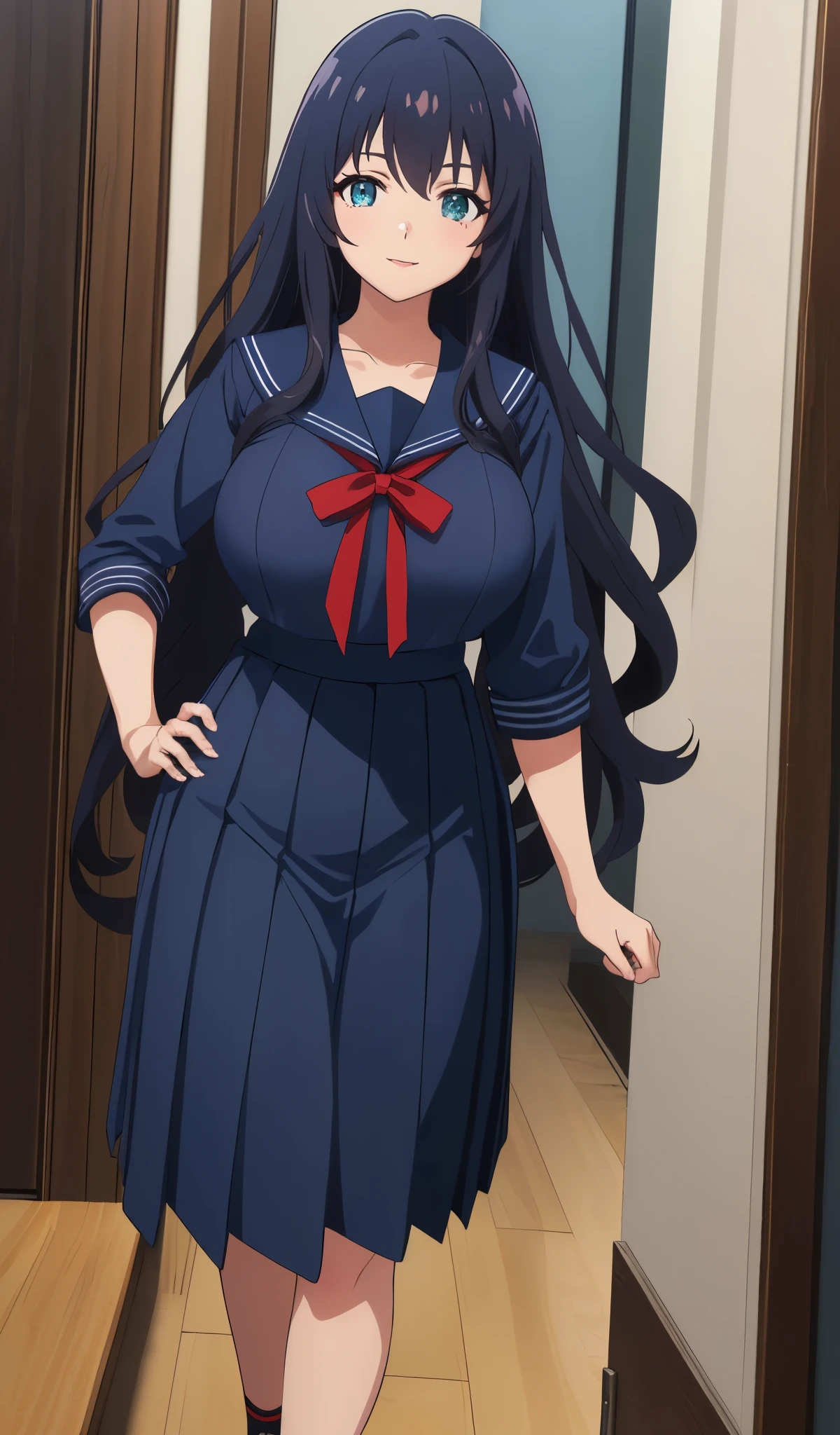 Young woman drawn in 80’s anime art style.
Retro anime. Vintage Anime. Classical Anime.
She has long and wavy blue hair, green eyes, full lips, and a beauty mark located under the right side of her mouth. She is well known for her curvaceous figure of which her most distinctive trait is her very large breasts. She has a sinister smile.
Meanwhile she is also visiting a High School!
She is wearing a sailor fuku (セーラー服, sērā fuku, sailor outfit) is a common japanese style of uniform worn by women, traditionally by high school female students.
The uniform generally consists of a sailor-styled blouse attached with a (Navy blue sailor-style collar) and a Dark Navy Blue Sailor Blouse. The length of the long skirt goes down past her ankle.
A ribbon is tied in the front and laced through a loop attached to the sailor blouse. The color is the ribbon is red. (RED RIBBON)
(Dark Navy Blue Sailor Shirt)
(Dark Navy Pleated Skirt)
(High School)