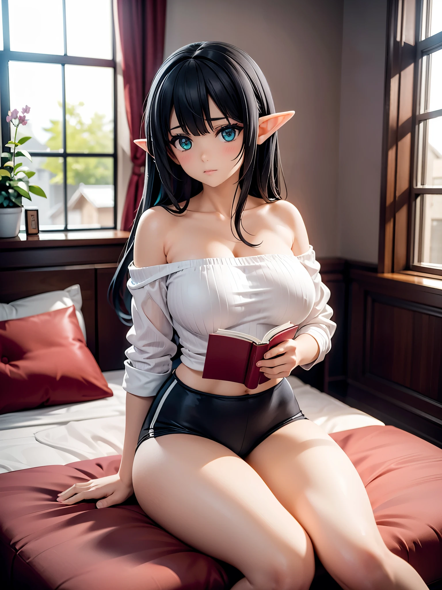 detailed image, beautiful image, 1 elf, black hair, long hair, turquoise eyes, has large breasts, short waist, wide hips, thick thighs, wearing an off-shoulder shirt, sport shorts, thong, inside a room, seated, reading a book, starry night, room surrounded by flower petals and a bed, ambient light, natural light