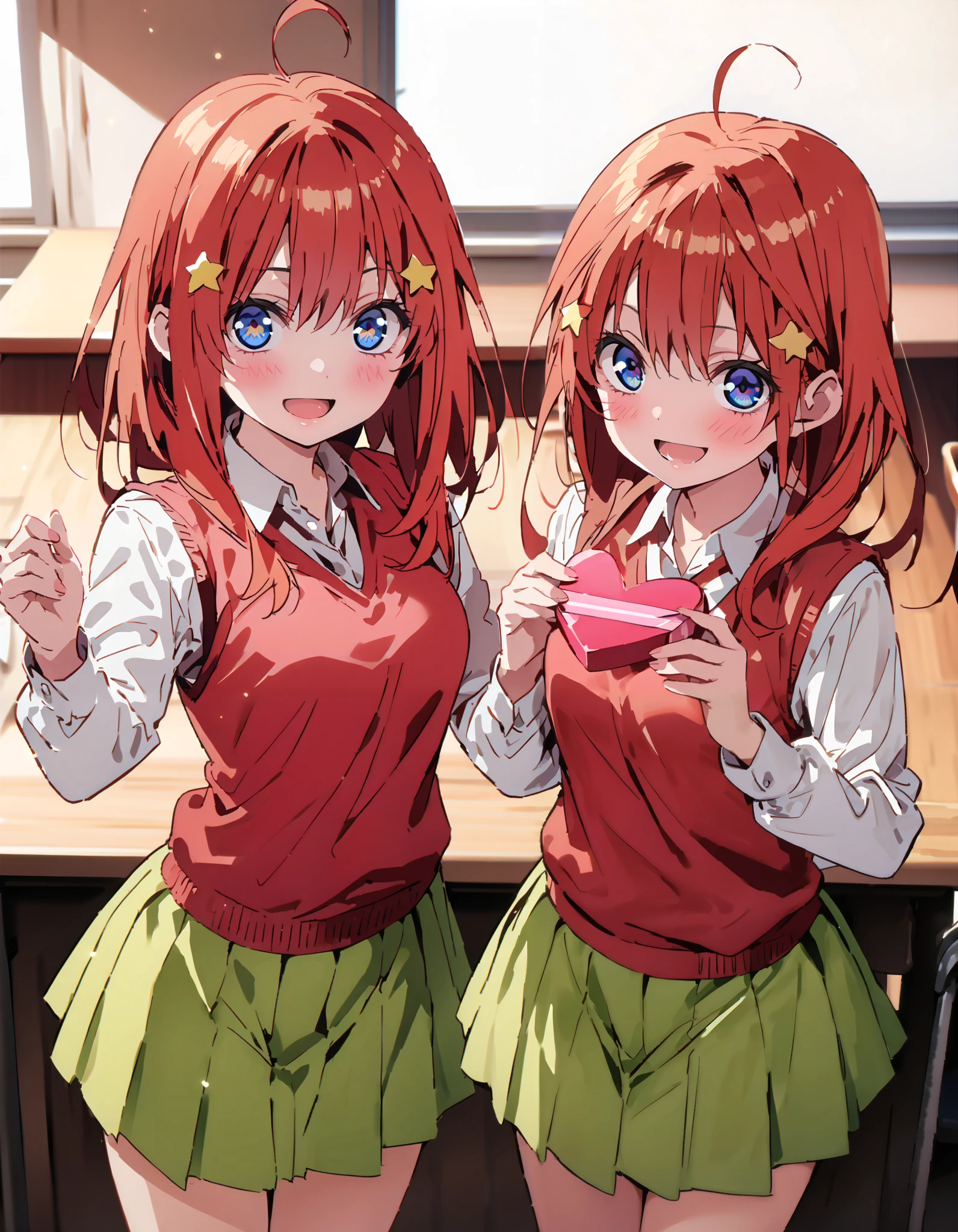 itsukinakano, Nakano Mizuki , bangs, blue eyes, çµç¹ , stupid hair, Red Hair, star \( symbol \), Hair Ornament, star Hair Ornament,smile,blush, open your mouth,
blazer, skirt, shirt, school uniform, clavicle, white shirt, Long Sleeve, pleated skirt, socks, collared shirt, miniskirt, knee-high, white socks, ( green skirt :1.5), sweater vest, (red sweater vest:1.5),Give a heart-shaped gift,whole bodyが illustrationに入るように,
break indoors, classroom,
break looking at viewer, whole body,(cowboy shot:1.5),
break ( Masterpiece:1.2), top quality, Hi-Res, Unity 8k Wallpaper, ( illustration:0.8), ( beautiful detailed eyes :1.6), Extremely Detailed Faces, perfect lighting, very detailed CG , ( Perfect Hands, perfect anatomy),