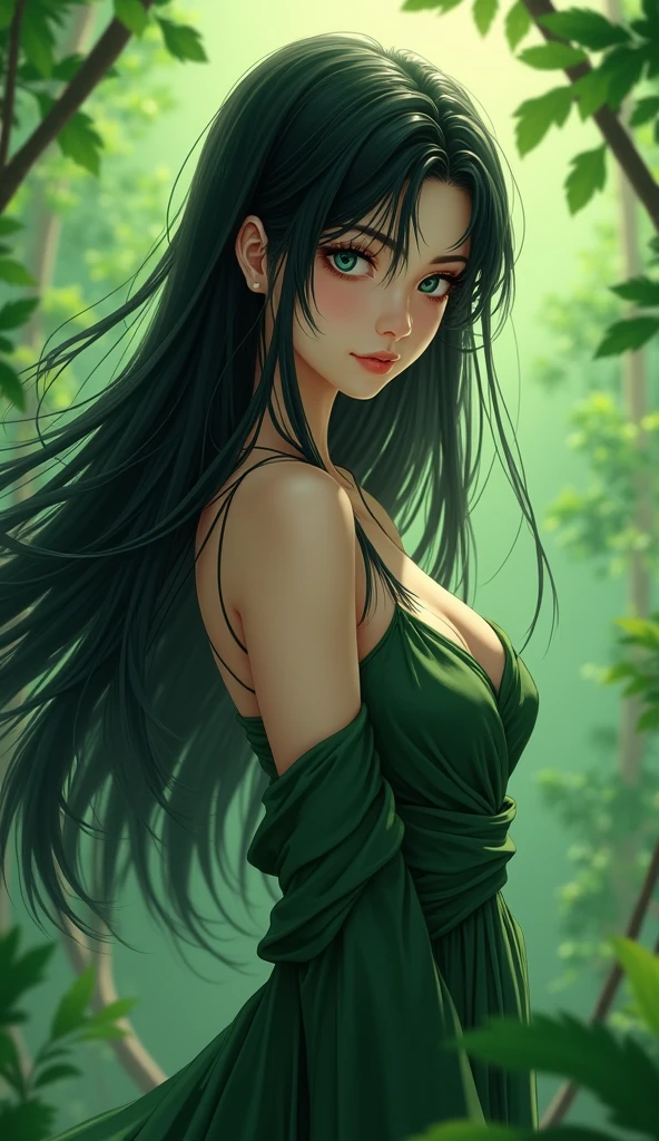 ((A young woman))), the anime, ( Green eyes), (black hair), Nice face, ssmile, the perfect body, Wavy Hair, hairlong, (((morena))), big breastes, ((tmasterpiece, beste-Qualit)), illustartion, ультра детализированная 8k, Photorealistic, sharp-focus, higly detailed, Professional lighting, colorful details, Rainbow colors, Glowing, intricate detials, Vivid details, Hippie style, Party in nature