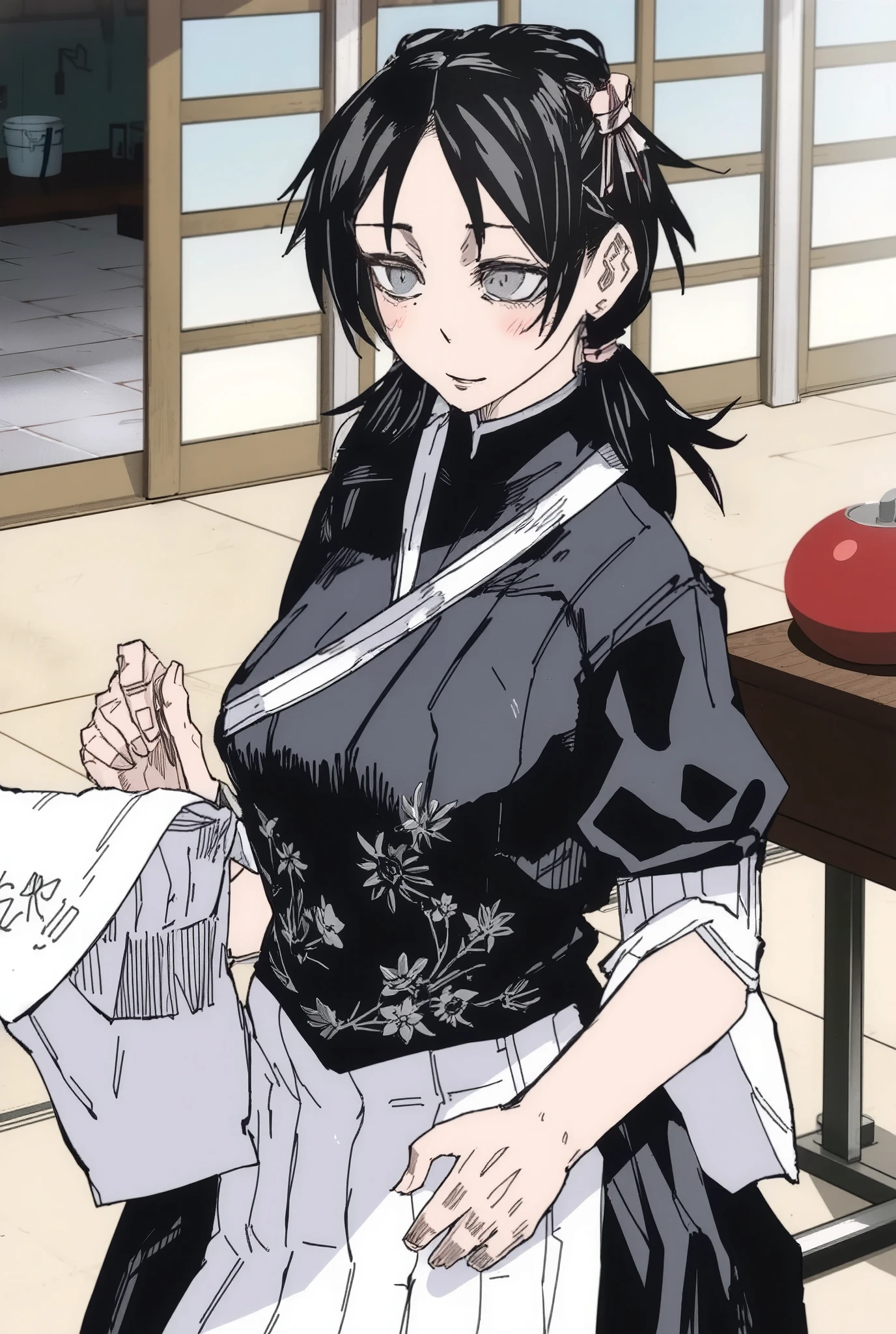 appearance:

 Yuki is small and delicate ,  with jet-black hair tied in two low pigtails tied with pastel ribbons .  His eyes are large and of a soft pink shade , with a melancholic sheen . Her skin is fair, with small scars on her fingertips from cutting paper too precisely .  Her uniform has embroidered floral patterns and she usually carries a bag with colored paper.