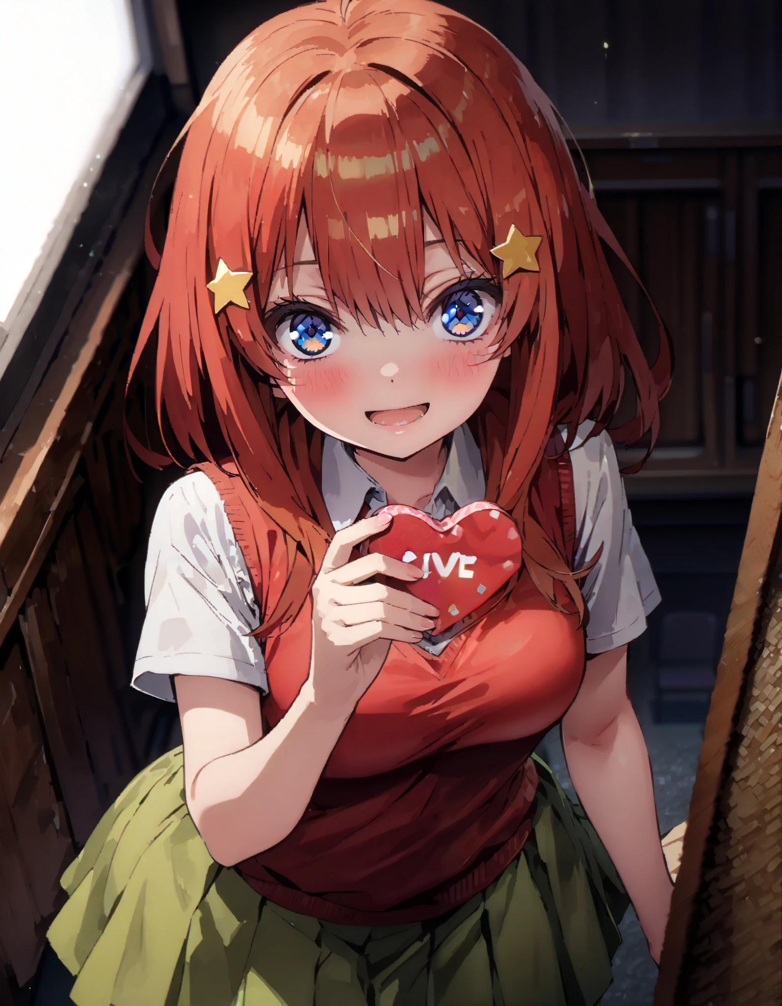 itsukinakano, Nakano Mizuki ,Alone, bangs, blue eyes, çµç¹ , stupid hair, Red Hair, star \( symbol \), Hair Ornament, star Hair Ornament,smile,blush, open your mouth,
blazer, skirt, shirt, school uniform, clavicle, white shirt, Long Sleeve, pleated skirt, socks, collared shirt, miniskirt, knee-high, white socks, ( green skirt :1.5), sweater vest, (red sweater vest:1.5),Give a heart-shaped gift,whole bodyが illustrationに入るように,
break indoors, classroom,
break looking at viewer, whole body,(cowboy shot:1.5),
break ( Masterpiece:1.2), top quality, Hi-Res, Unity 8k Wallpaper, ( illustration:0.8), ( beautiful detailed eyes :1.6), Extremely Detailed Faces, perfect lighting, very detailed CG , ( Perfect Hands, perfect anatomy),