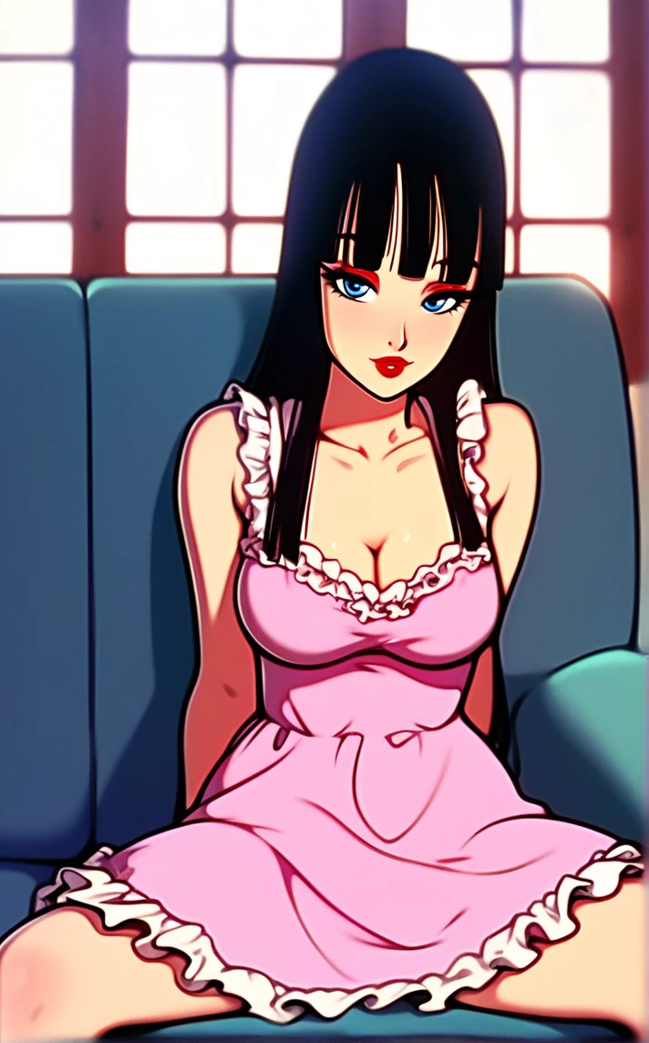 (ritsuko_nube),long hair, purple eyes,<lora:ritsuko_nube-000016:0.7>, (big boobs), (adult,rock star, milf, 40-year-old woman, large hips, robust body, mature face, adult face:1.3),, (masterpiece, best quality, ultra-detailed), (illustration), (beautiful detailed eyes), 1girl, (solo:1.3), , single sidelock, (feet out of frame) , stage, lights, (sitting, spread legs), (arms behind back), (choker, jacket, long sleeves, bare shoulders, thigh-high stockings, skirt:1.5),